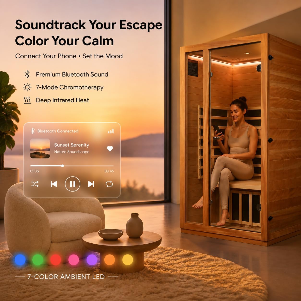 1-2 Person Indoor Far Infrared Luxury Sauna, Low-EMF 1510W/120V | Dual Lighting Features with Reading Light & Chromotherapy LED, Clear BT Speaker Sound, Natural Wood Construction,