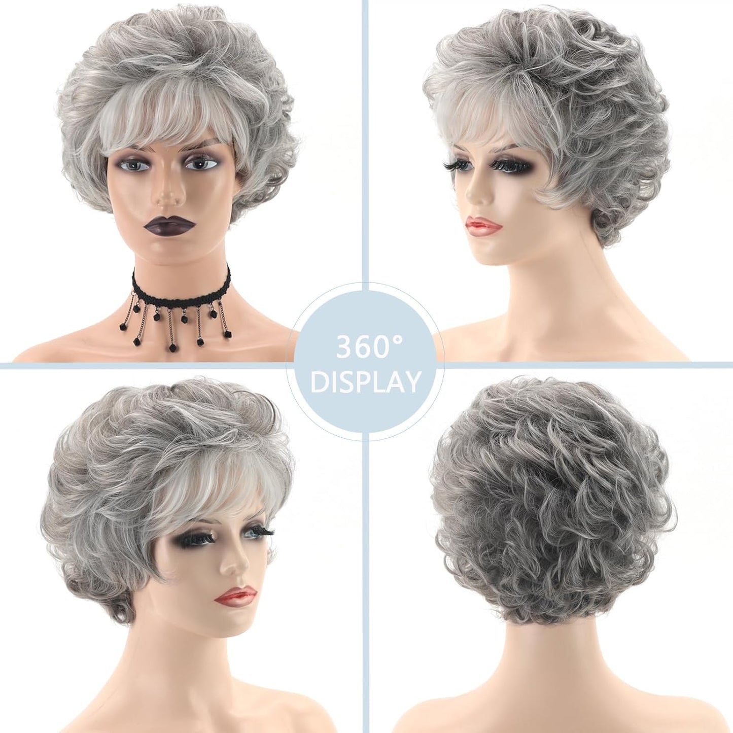 TISHINING Short Grey Curly Wigs for White Women Layered Silver Gray Pixie Cut Synthetic Full Wig with Bangs Natural Looking Daily Party Wigs for Older Women
