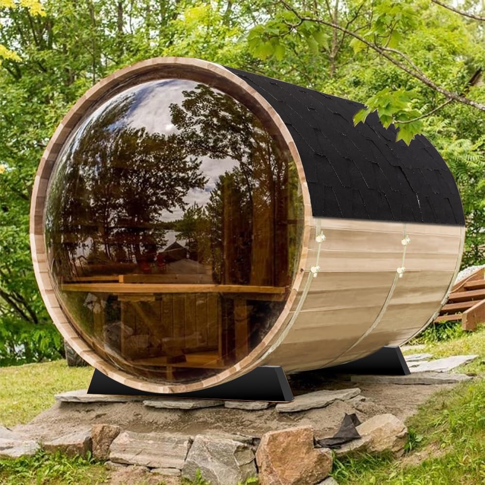 Outdoor Wooden Panoramic Barrel Sauna, 6-8 Person Sauna Room, 220V，6kw Toule Electric Heater with Sauna Stone, and Asphalt Shingle Roof (Red Ceder)