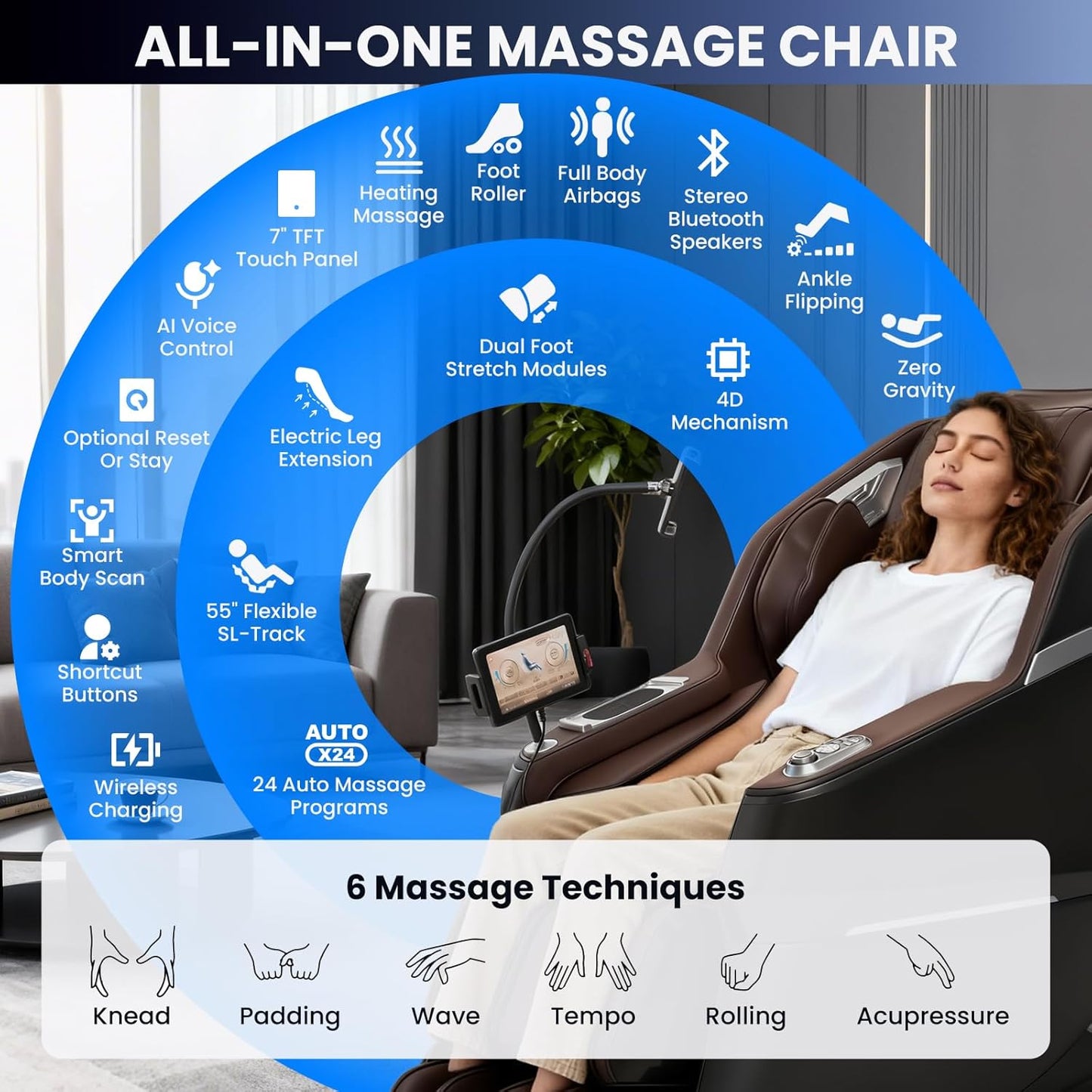 4D Massage Chair Full Body with Space Walk & Ankle Stretch, 2026 Zero Gravity 55“ SL-Track Shiatsu Massage Chair Recliner, Electric Calfrest Extension & Foot Rollers, AI Voice Control S002 Black