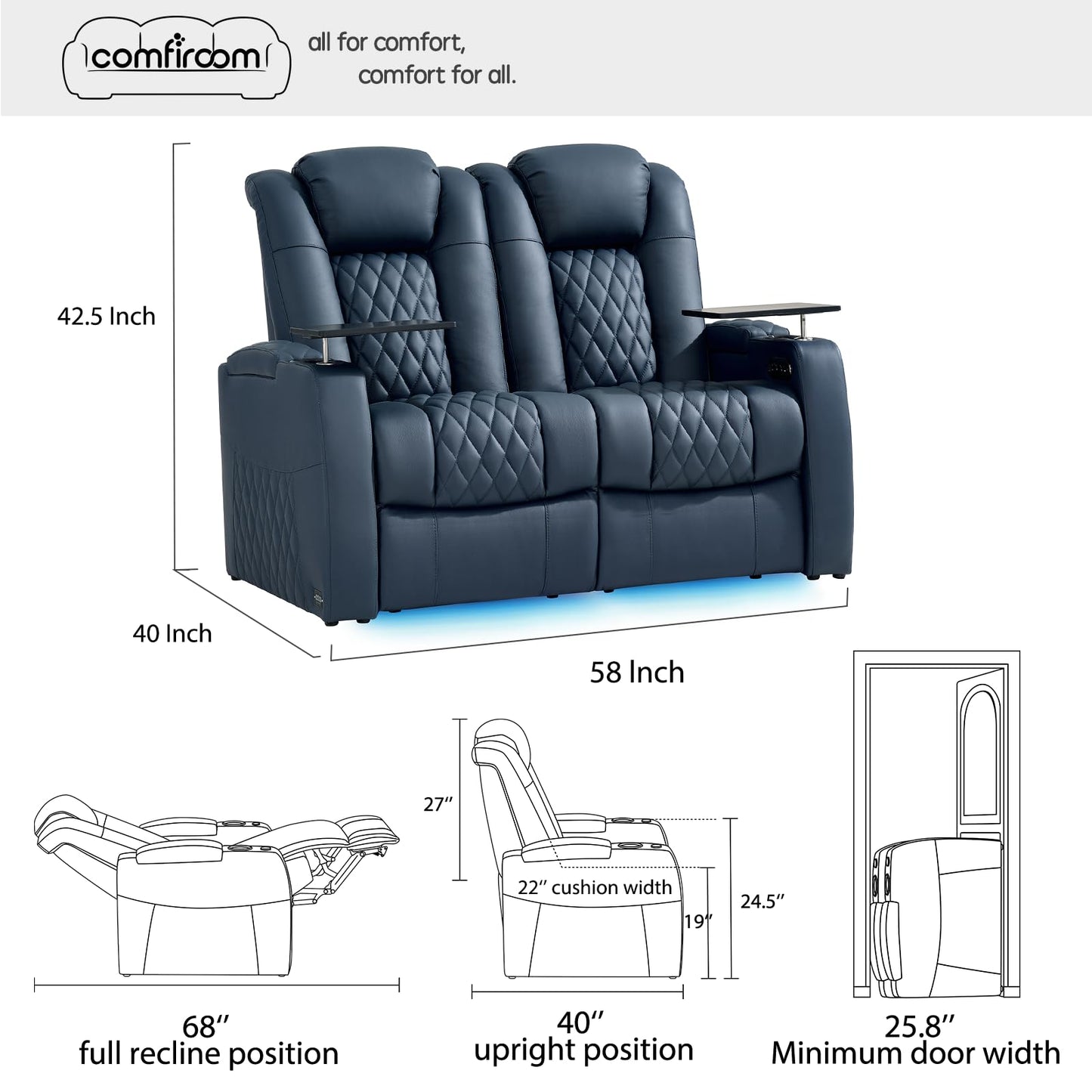 comfiroom Top-Grain Leather Home Theater Seating, Dual-Motor Power Recliner | Classic Series Black Zero Gravity Motorized Theater Chair with USB-C Charging, Adjustable Headrest, Tray Table, Row of 1