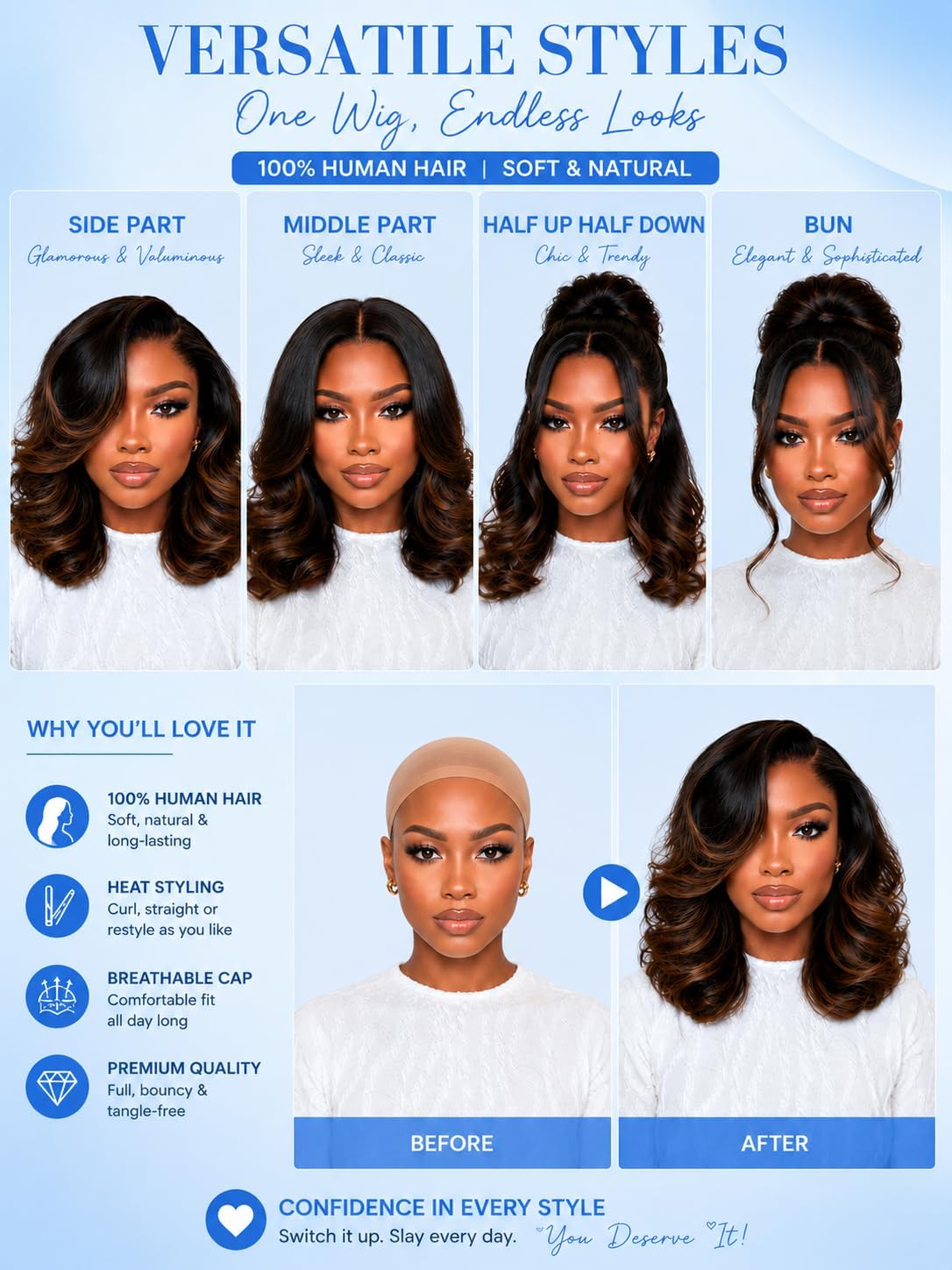 Nadula 13x4 HD Ombre Brown Wavy Bob Drawstring Wig Human Hair with Blonde Face Framing Layers Bangs,Pre Everything Glueless No Slip Wig Pre Plucked Ready to Wear Short Highlight Wavy Bob Wig 10inch