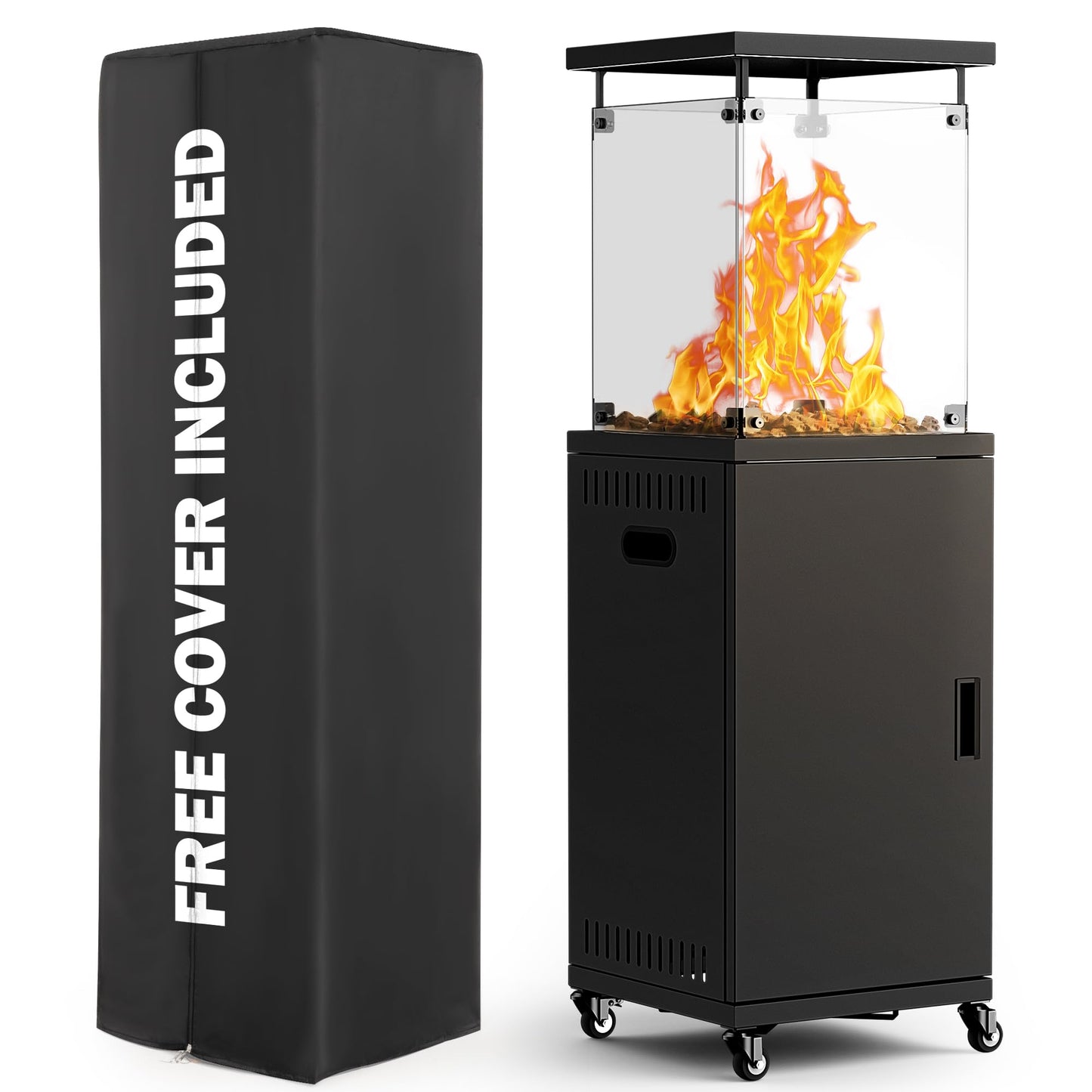 48,000 BTU Flame Pyramid Pool Heater With Cover, Triple Safety Protection Portable Patio Heater with Patio Cover, Warm Glass Tube with Durable Wheels-Black