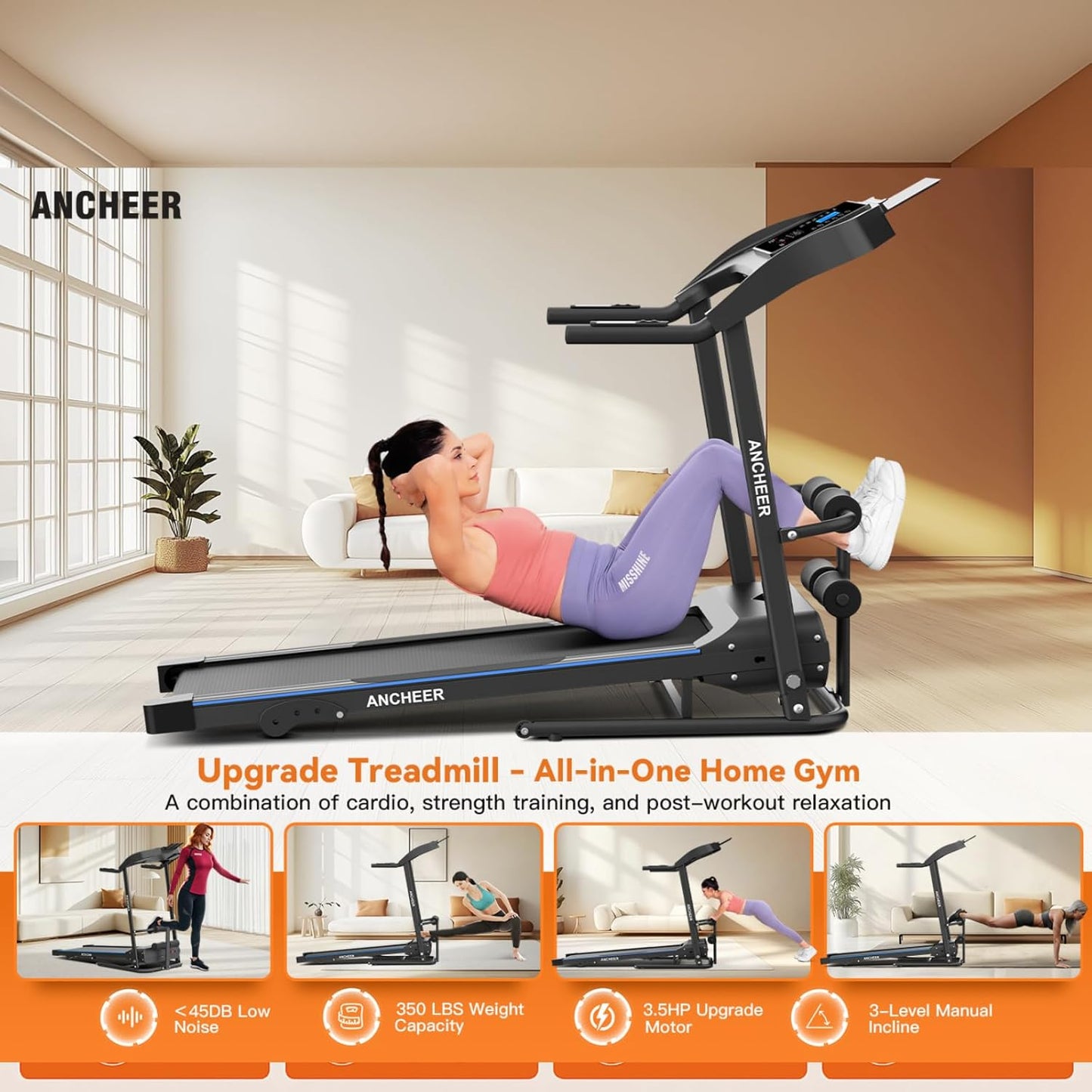Smart Treadmill with Sit Up, Foldable Treadmills for Home with Incline | 2026 Upgraded 3.5HP Portable Treadmill 350lbs Capacity, Multifunction Home Gym Equipment, Body Fat & Heart Rate Monitor