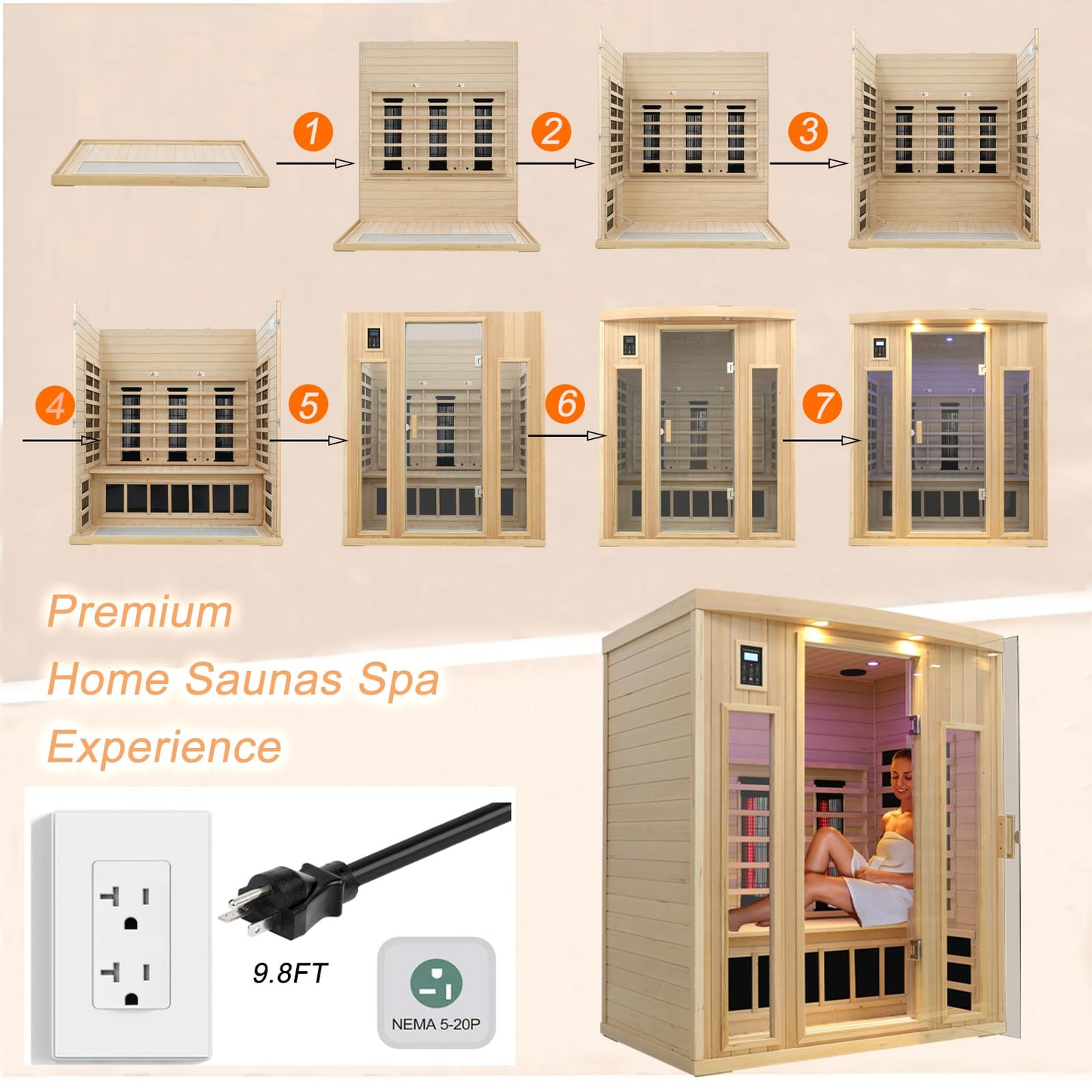 3 Person Infrared Sauna Ceramic Infrared Sauna w/Red Light Therapy | Far & Near Infrared Sauna Indoor, Low EMF Infrared Saunas for Home, Hemlock Deluxe Glass Home Sauna with Granite Backdrop