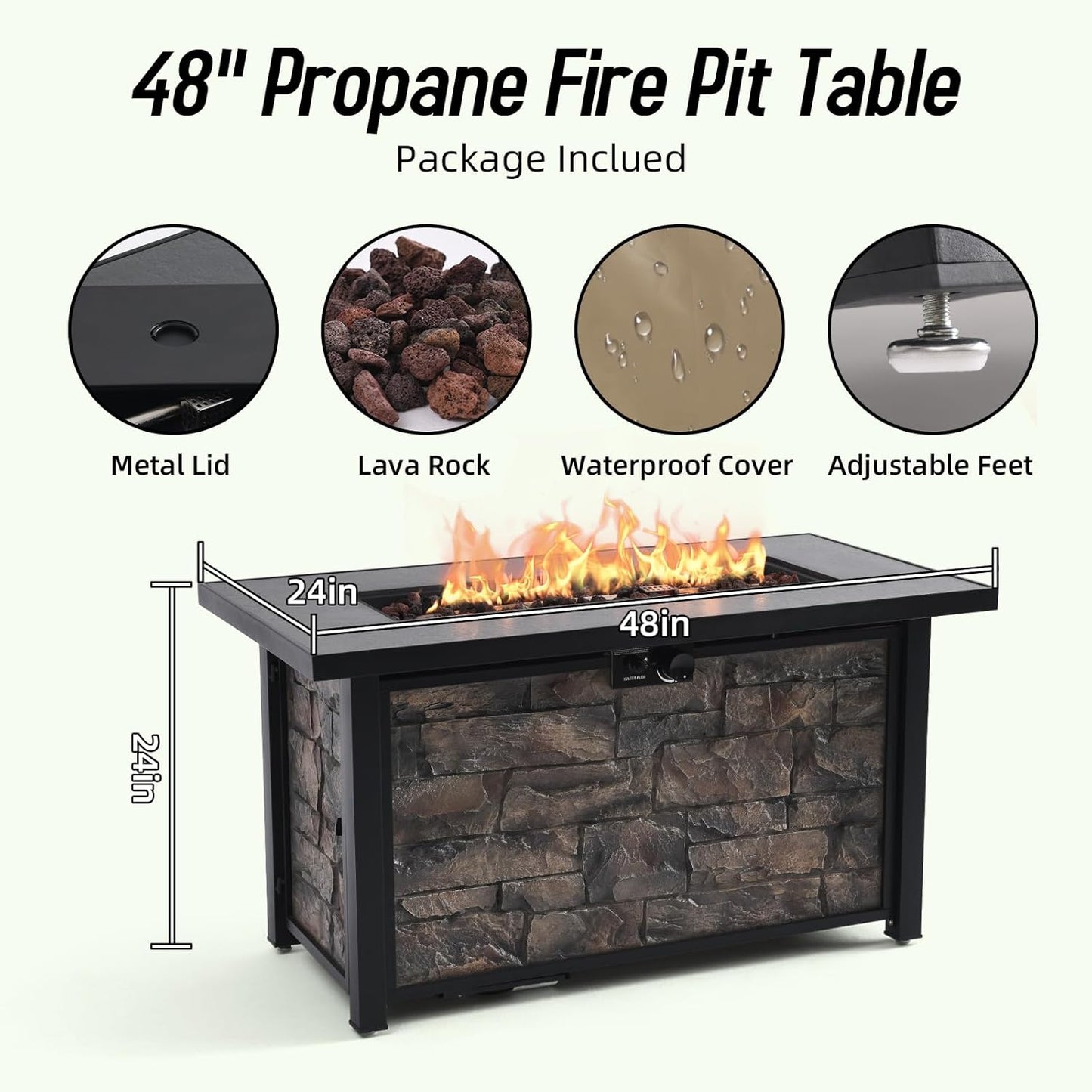 48" Fire Pit Table, 50000 BTU, Ceramic Top, Propane with Lava Rocks & Cover | Rectangular Propane Fire Table,Stone-look Panel, Ideal for Family Parties, Daily Leisure, Patio Backyard Deck Garden Use