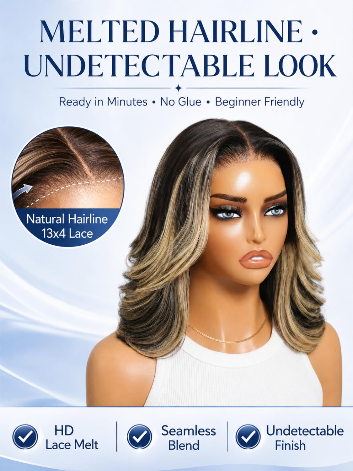 Nadula 13x4 HD Ombre Brown Wavy Bob Drawstring Wig Human Hair with Blonde Face Framing Layers Bangs,Pre Everything Glueless No Slip Wig Pre Plucked Ready to Wear Short Highlight Wavy Bob Wig 10inch