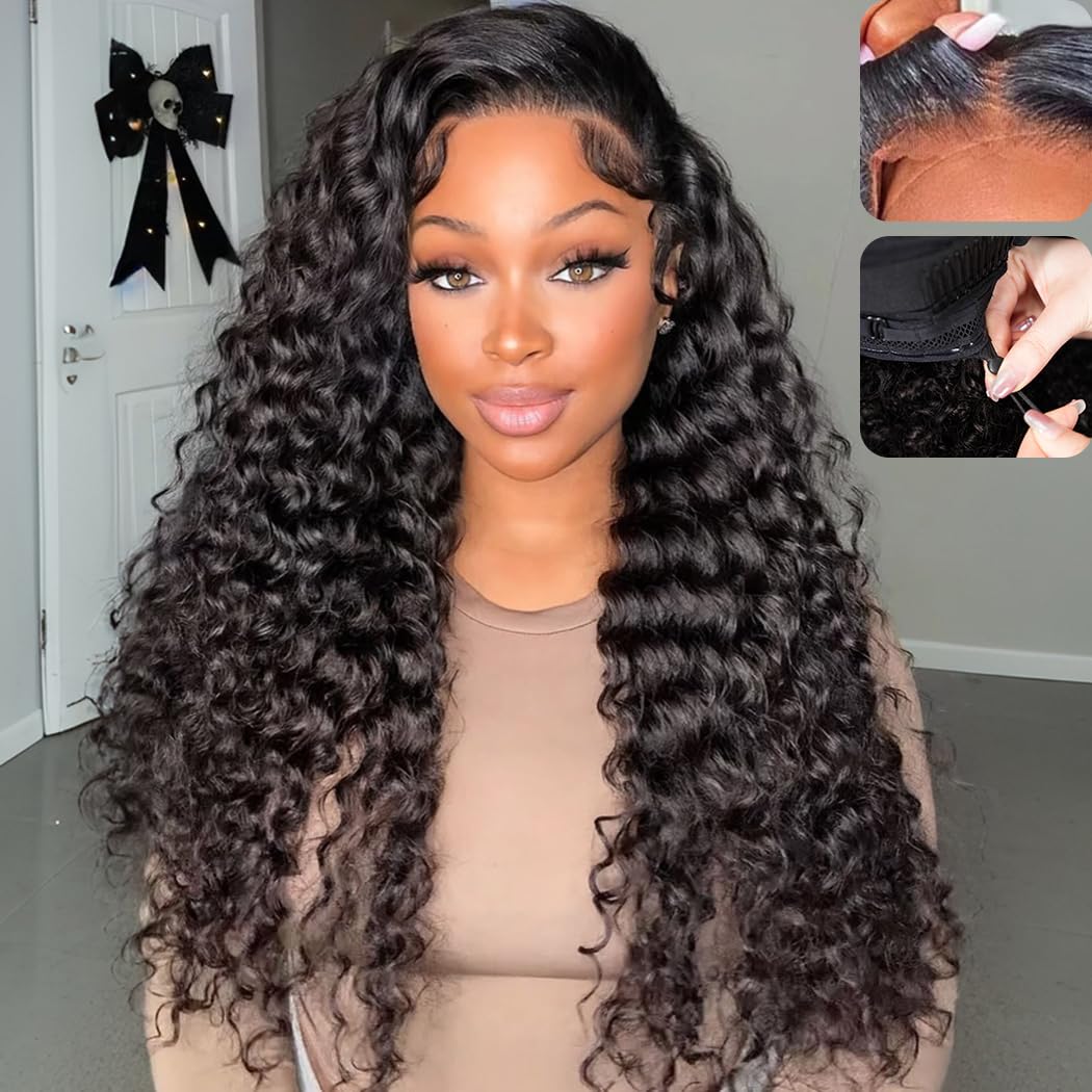 7X5 Deep Wave Wear And Go Glueless Wigs Human Hair Pre Plucked Pre Cut Hd Lace 210 Density Deep Wave Lace Front Wigs Human Hair 26 Inch Drawstring Curly Human Hair Wig For Women Beginner Friendly