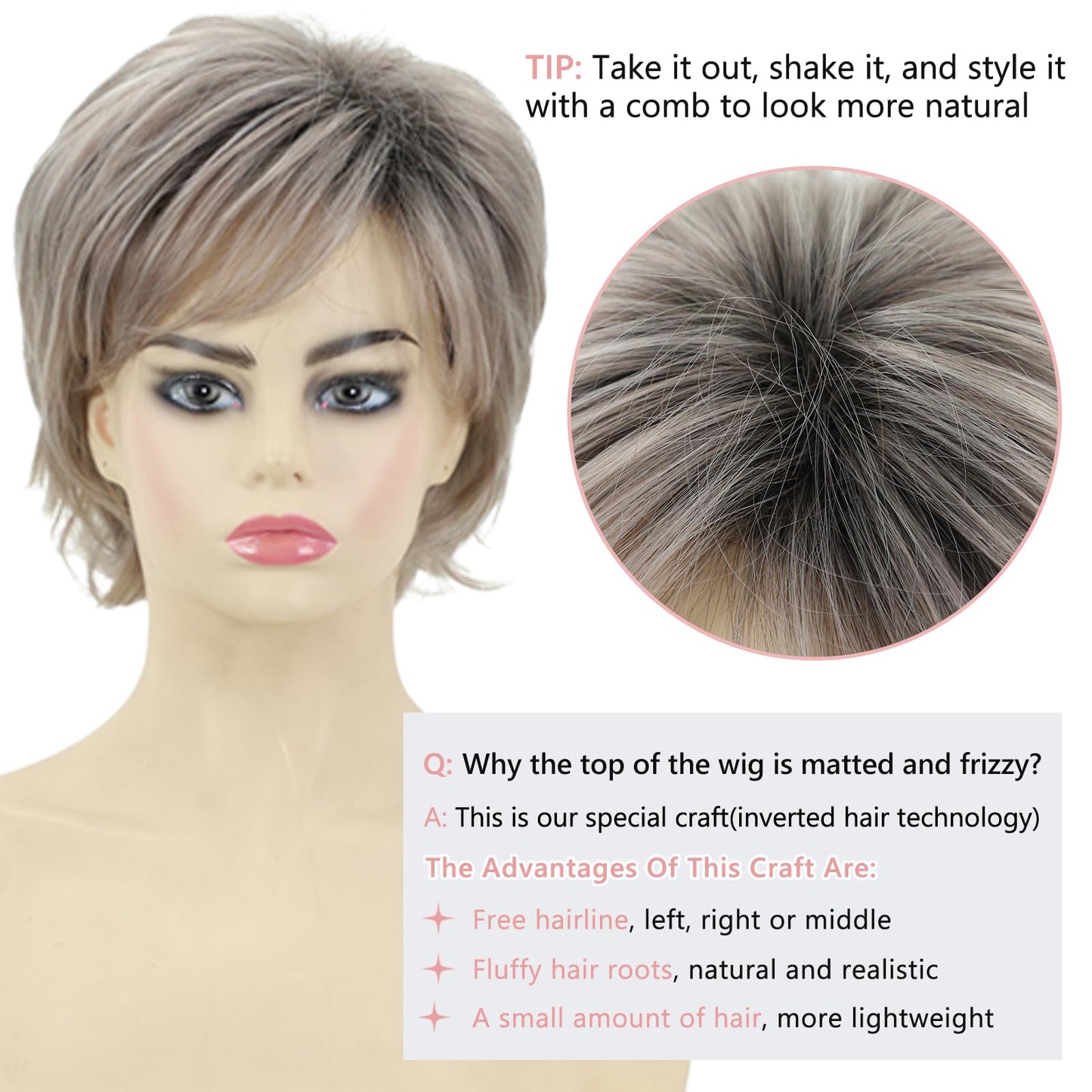 TISHINING Short Grey Curly Wigs for White Women Layered Silver Gray Pixie Cut Synthetic Full Wig with Bangs Natural Looking Daily Party Wigs for Older Women