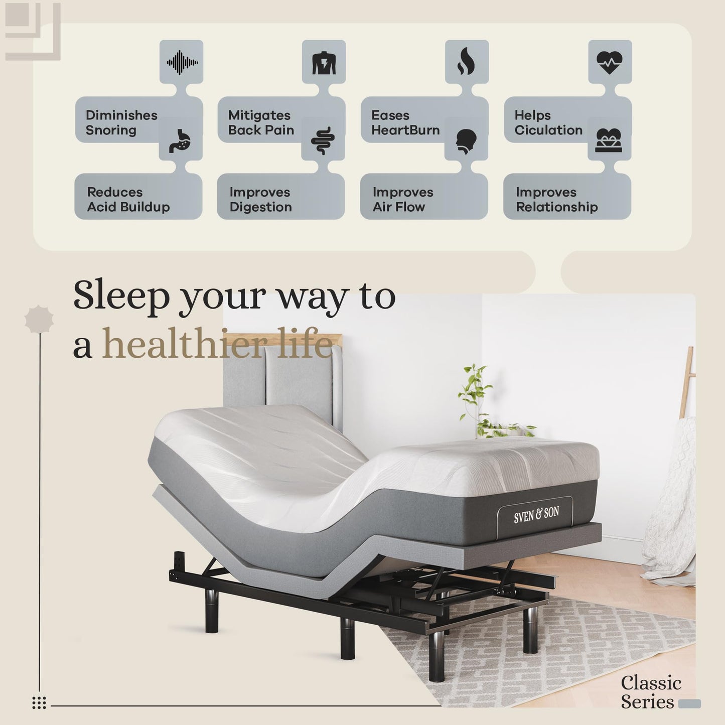 Sven & Son Classic Adjustable Bed Base, Head and Foot Lift, Massage, Under-Bed Lights, USB, Gel Memory, Zero Gravity Smart Frame - Full + 10 inch Memory Foam Matt (Firm)