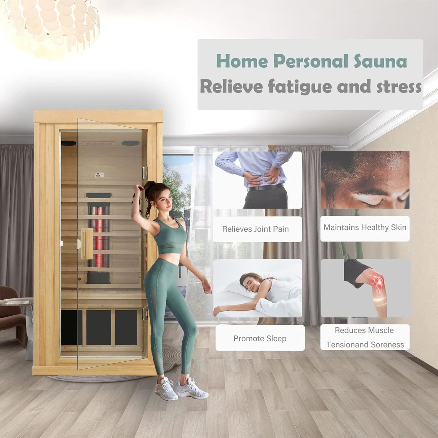 3 Person Infrared Sauna Ceramic Infrared Sauna w/Red Light Therapy | Far & Near Infrared Sauna Indoor, Low EMF Infrared Saunas for Home, Hemlock Deluxe Glass Home Sauna with Granite Backdrop