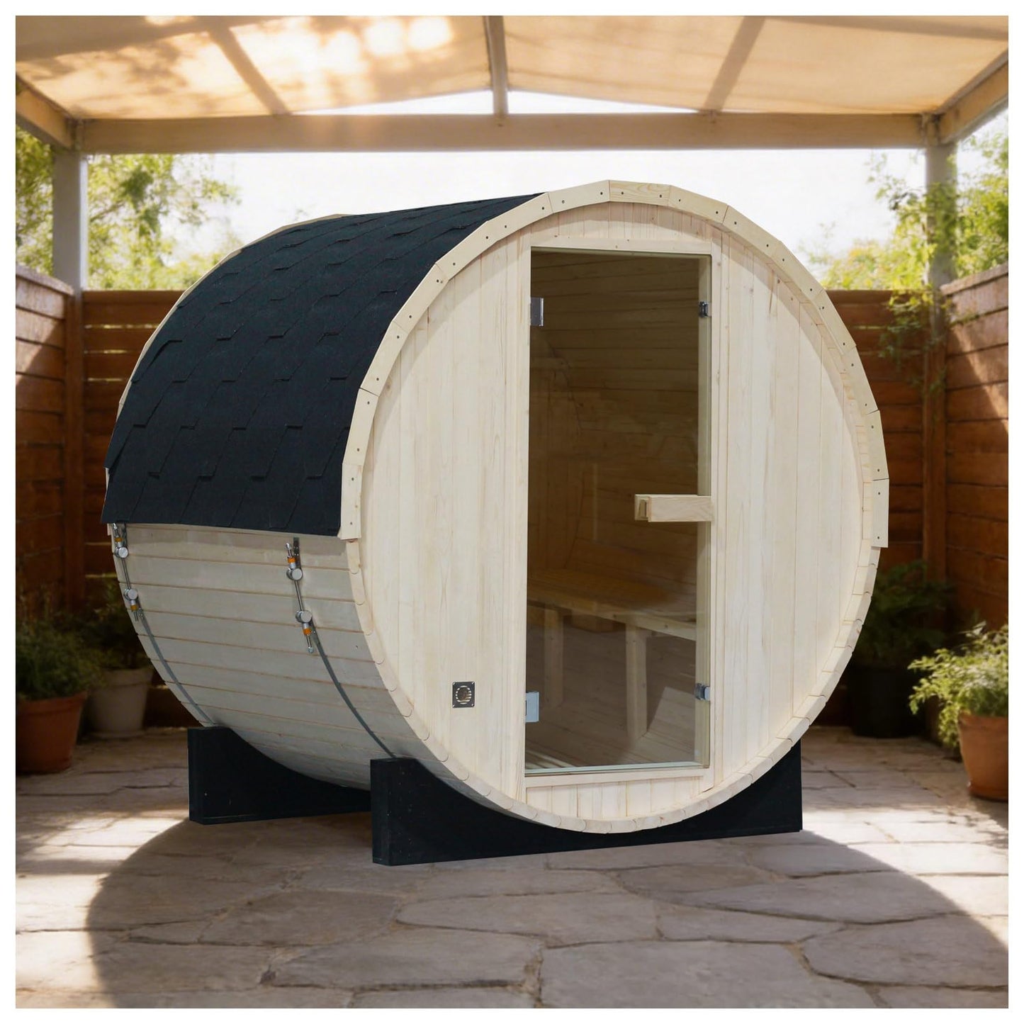 Outdoor Barrel Steam Sauna, 6-8 Person Canadian Hemlock Traditional Wooden Steam Saunas with 220V/6KW Toule Electric Stove, Tempered Glass Sauna Kits for Backyard & Garden (0-195℉)