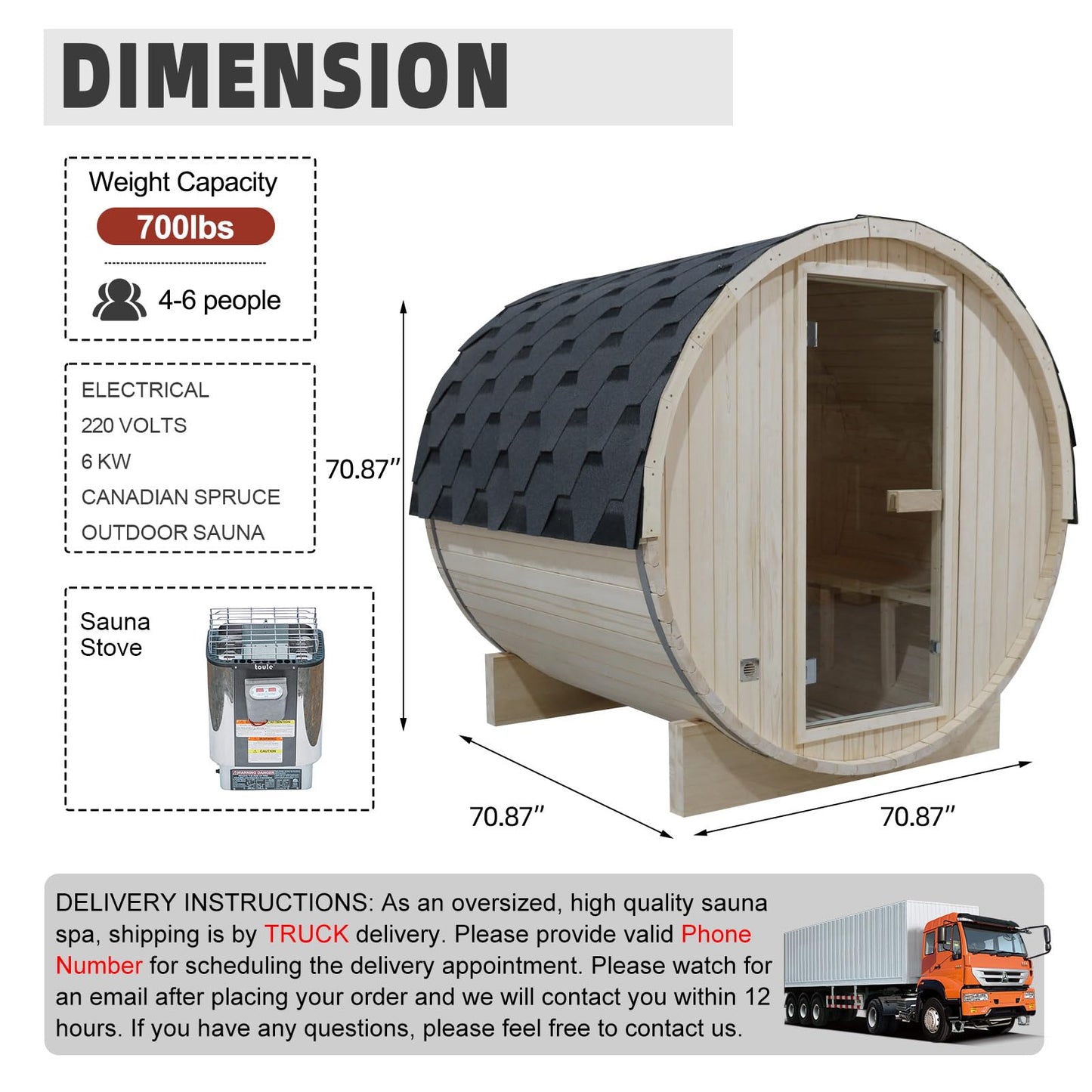 Outdoor Barrel Steam Sauna, 6-8 Person Canadian Hemlock Traditional Wooden Steam Saunas with 220V/6KW Toule Electric Stove, Tempered Glass Sauna Kits for Backyard & Garden (0-195℉)