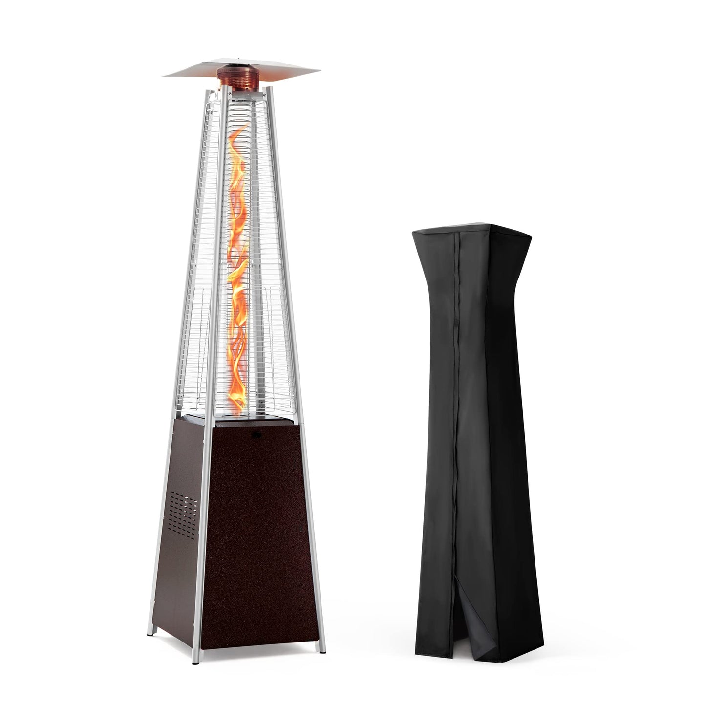 48,000 BTU Flame Pyramid Pool Heater With Cover, Triple Safety Protection Portable Patio Heater with Patio Cover, Warm Glass Tube with Durable Wheels-Black