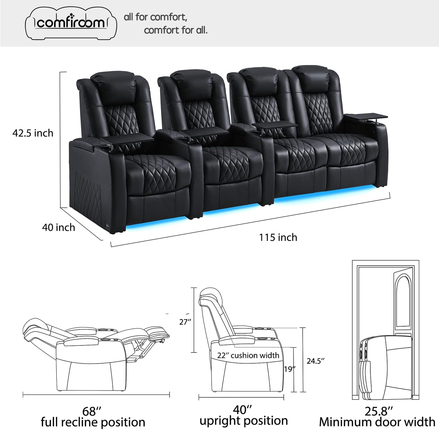 comfiroom Top-Grain Leather Home Theater Seating, Dual-Motor Power Recliner | Classic Series Black Zero Gravity Motorized Theater Chair with USB-C Charging, Adjustable Headrest, Tray Table, Row of 1