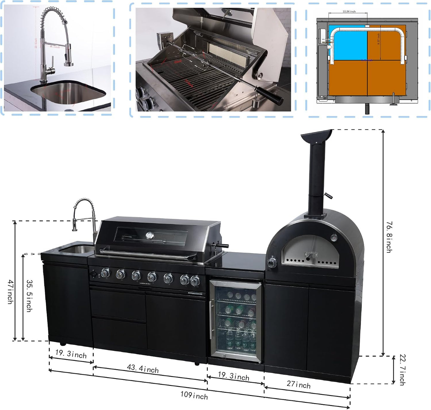 109" Outdoor Kitchen Island Gas Grill with Pizza Oven & Sink | 109 Inch Outdoor Kitchen Island | Gas Grill with Pizza Oven