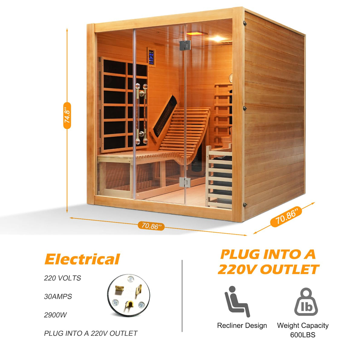 2 Person Infrared Saunas for Home with Recliner, 220V Traditional Sauna for Indoor Use, Canadian Ceder, Full Spectrum Sauna with 9 Heating Panels (Cedar)
