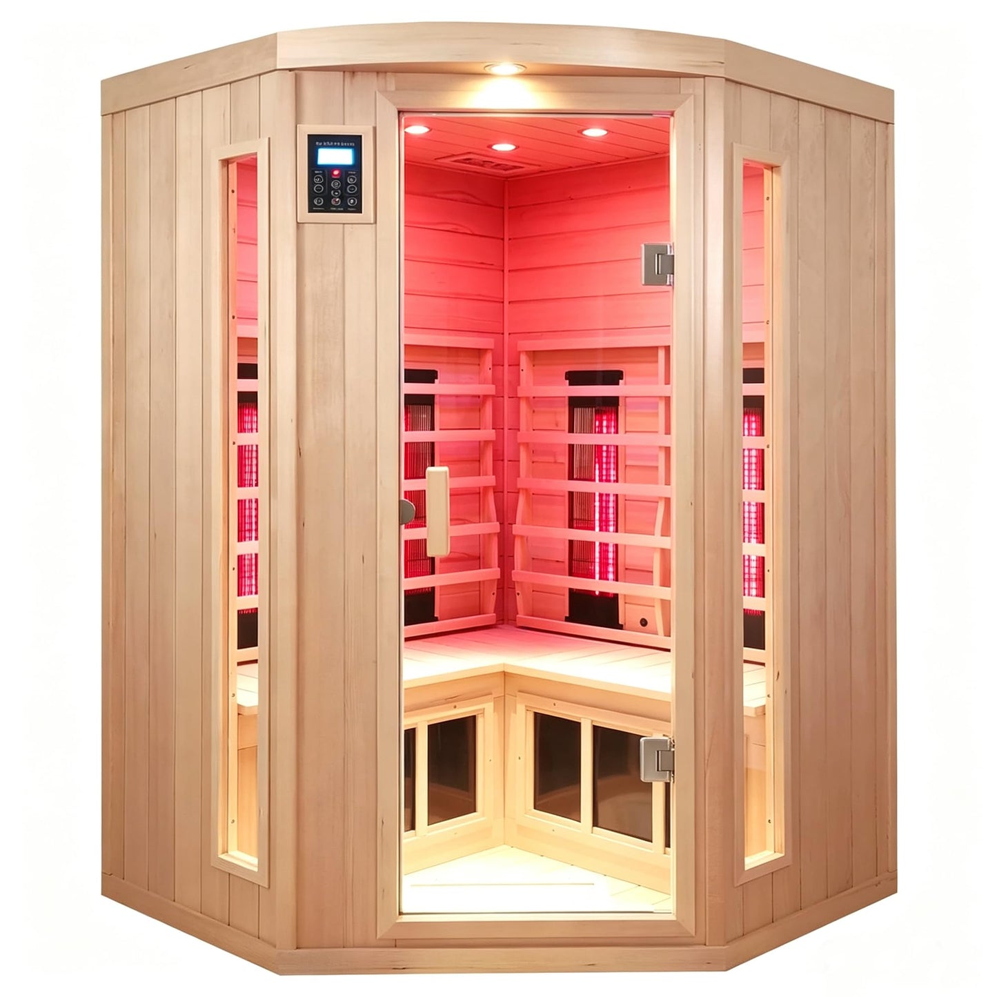 3 Person Infrared Sauna Ceramic Infrared Sauna w/Red Light Therapy | Far & Near Infrared Sauna Indoor, Low EMF Infrared Saunas for Home, Hemlock Deluxe Glass Home Sauna with Granite Backdrop