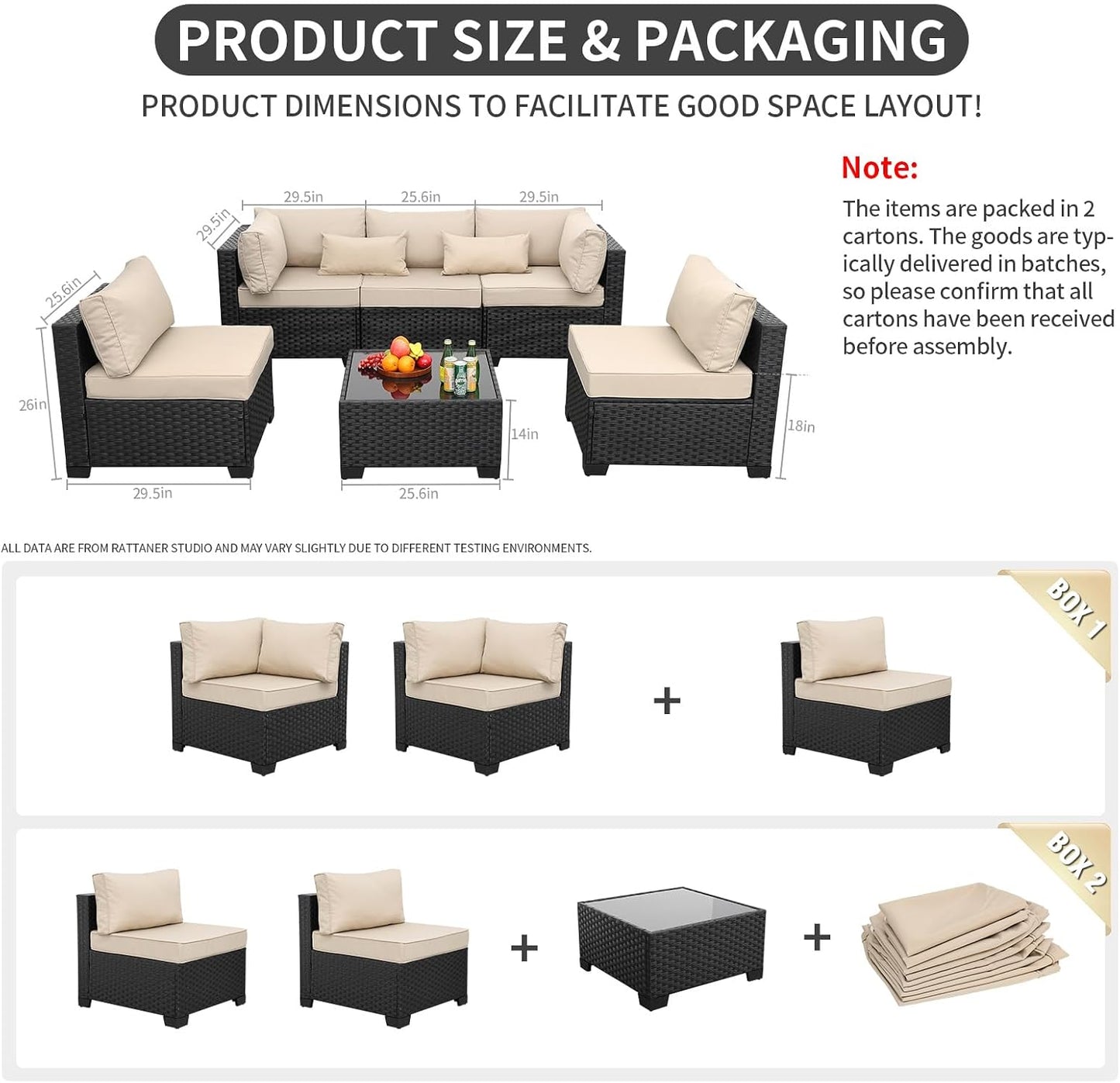 Rattaner Patio Sectional 6 Pieces All-Weather Wicker Patio Furniture Set Outdoor Sectional with Glass Table Non-Slip Cushions and Waterproof Cover, Khaki