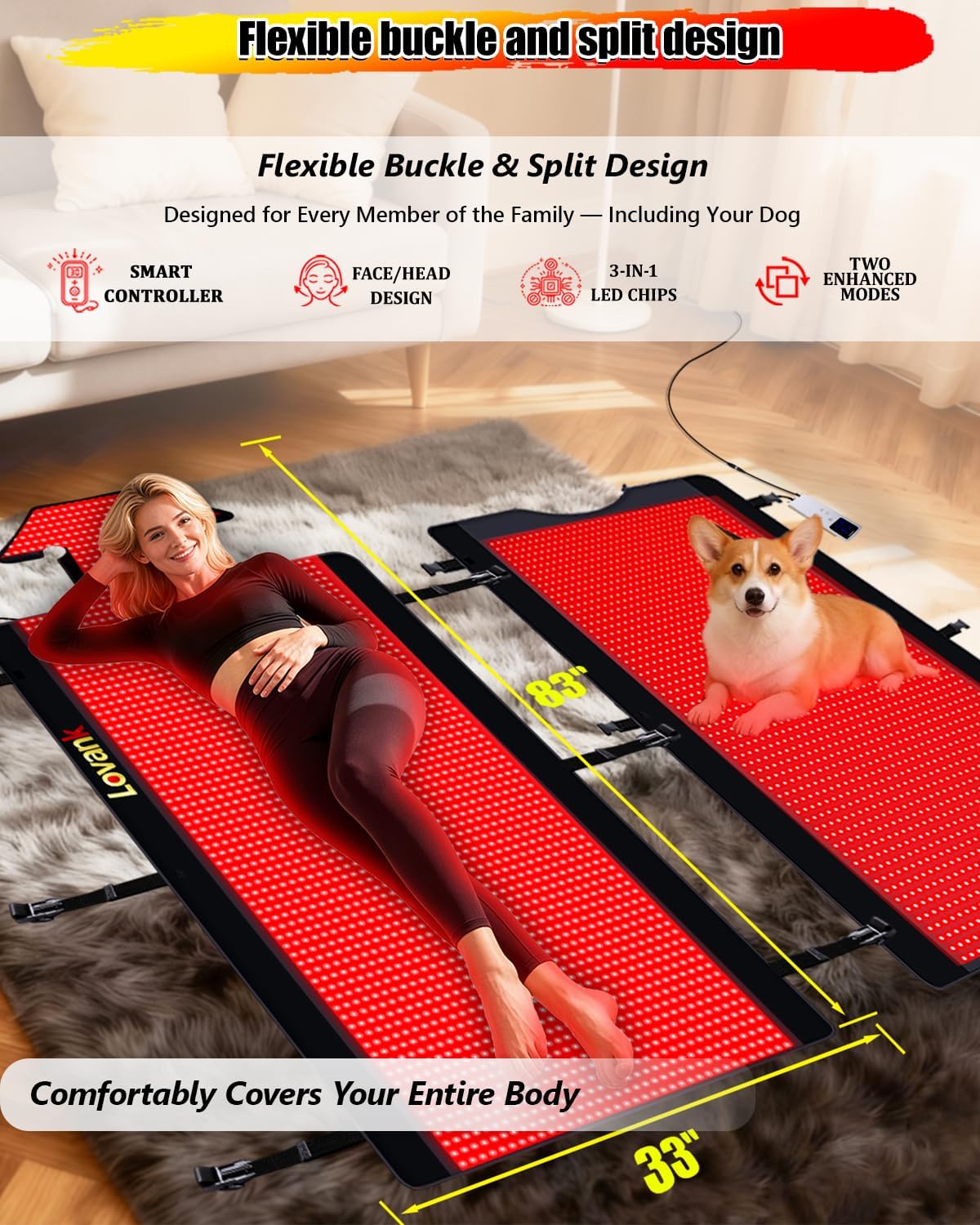 Red Light Therapy Mat Full Body 83" x 33", 2710 LEDs, 660&850nm | Easy-Clean TPU, 3 Light Modes, 5 Intensity Levels, Skin-Friendly for Everyday Home Use
