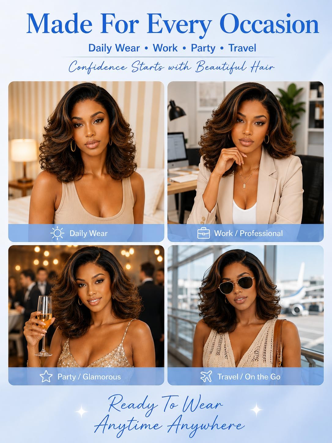 Nadula 13x4 HD Ombre Brown Wavy Bob Drawstring Wig Human Hair with Blonde Face Framing Layers Bangs,Pre Everything Glueless No Slip Wig Pre Plucked Ready to Wear Short Highlight Wavy Bob Wig 10inch