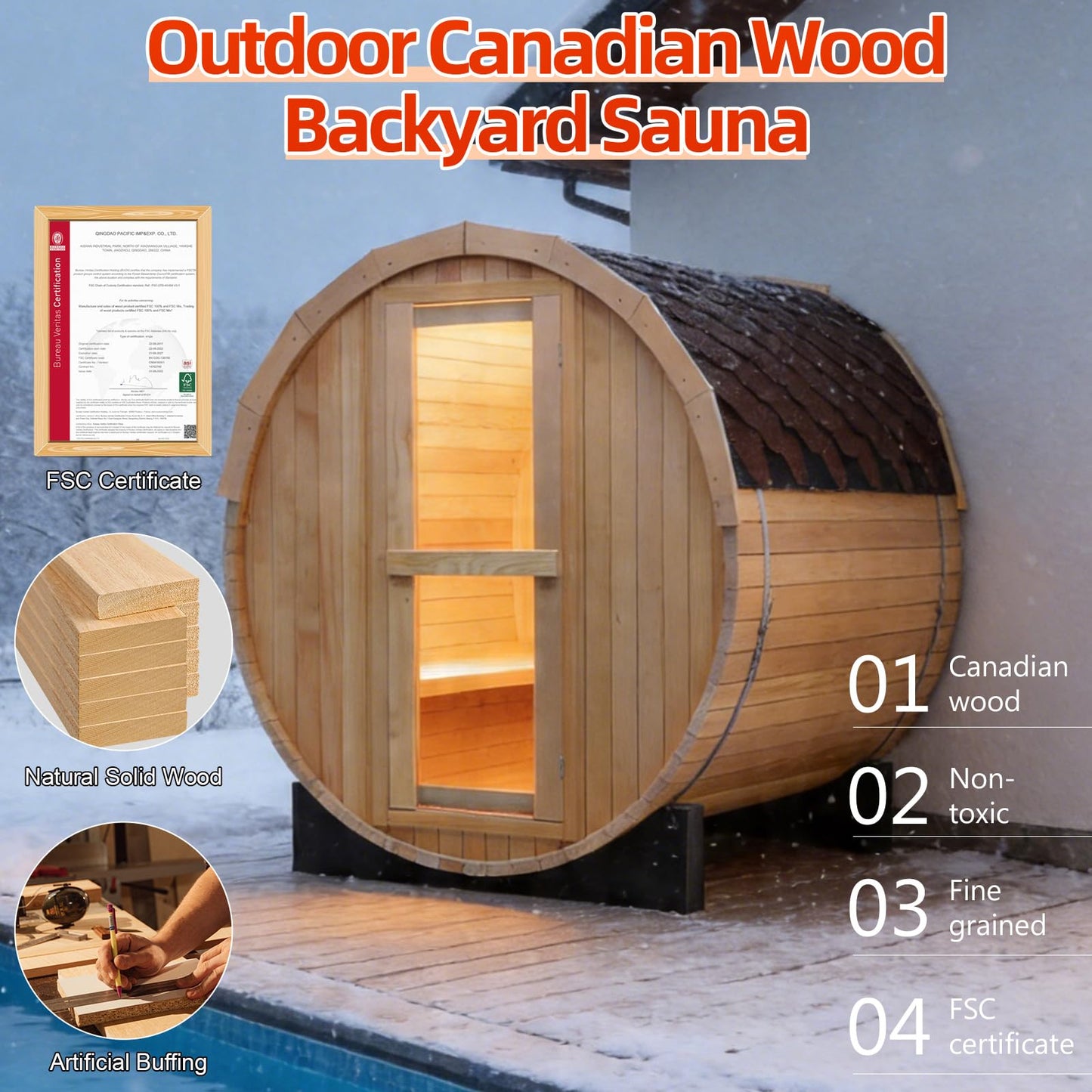 Outdoor Barrel Steam Sauna, 6-8 Person Canadian Hemlock Traditional Wooden Steam Saunas with 220V/6KW Toule Electric Stove, Tempered Glass Sauna Kits for Backyard & Garden (0-195℉)