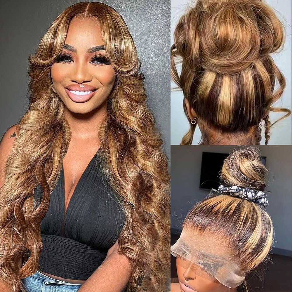 miear 360 Drawstring Lace Front Wigs Human Hair 4/27 Highlight Ombre Wig | 360 HD Full Lace Frontal Wig Body Wave Lace Front Wig Pre Plucked for Black Women 180% Density Honey Blonde Color 28inch