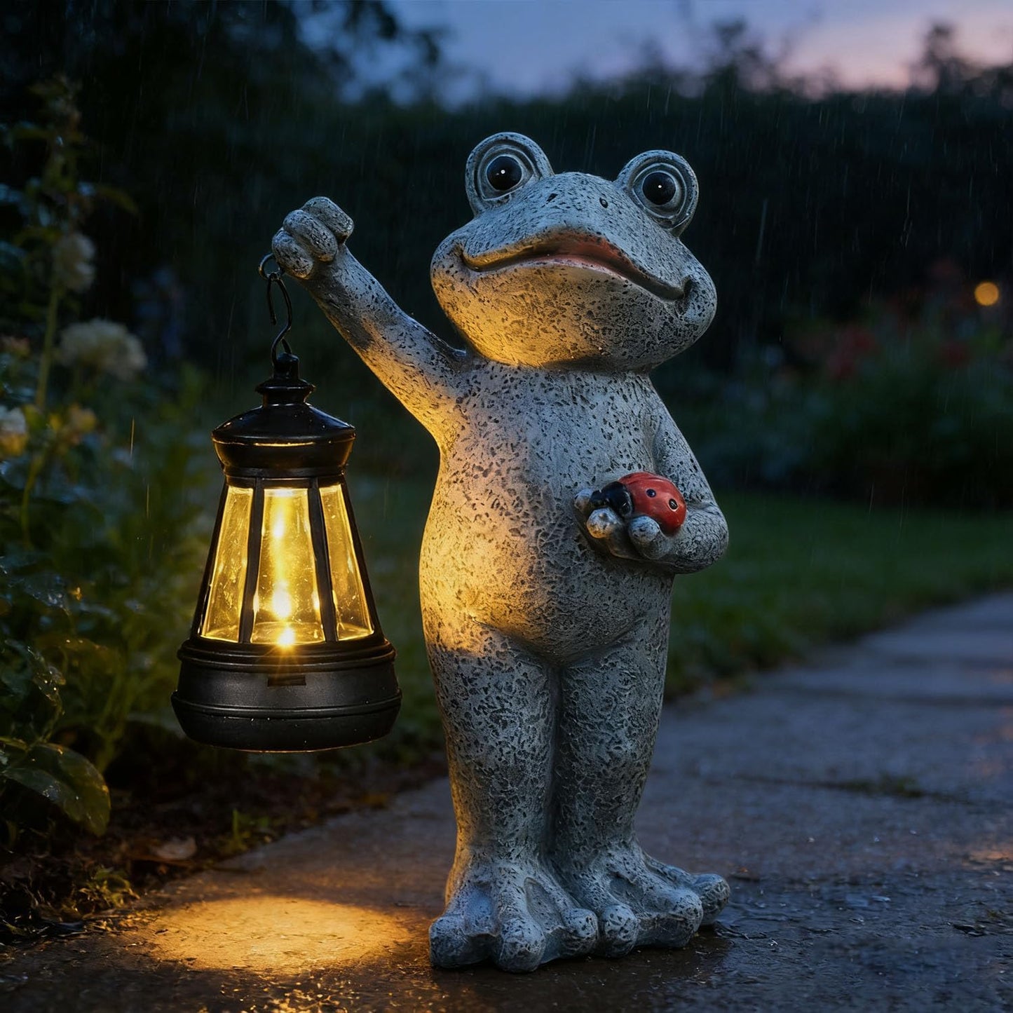 Solar Frog Garden Statue, Resin Figurine with Ladybug & Hanging Solar Lantern Outdoor Decor
