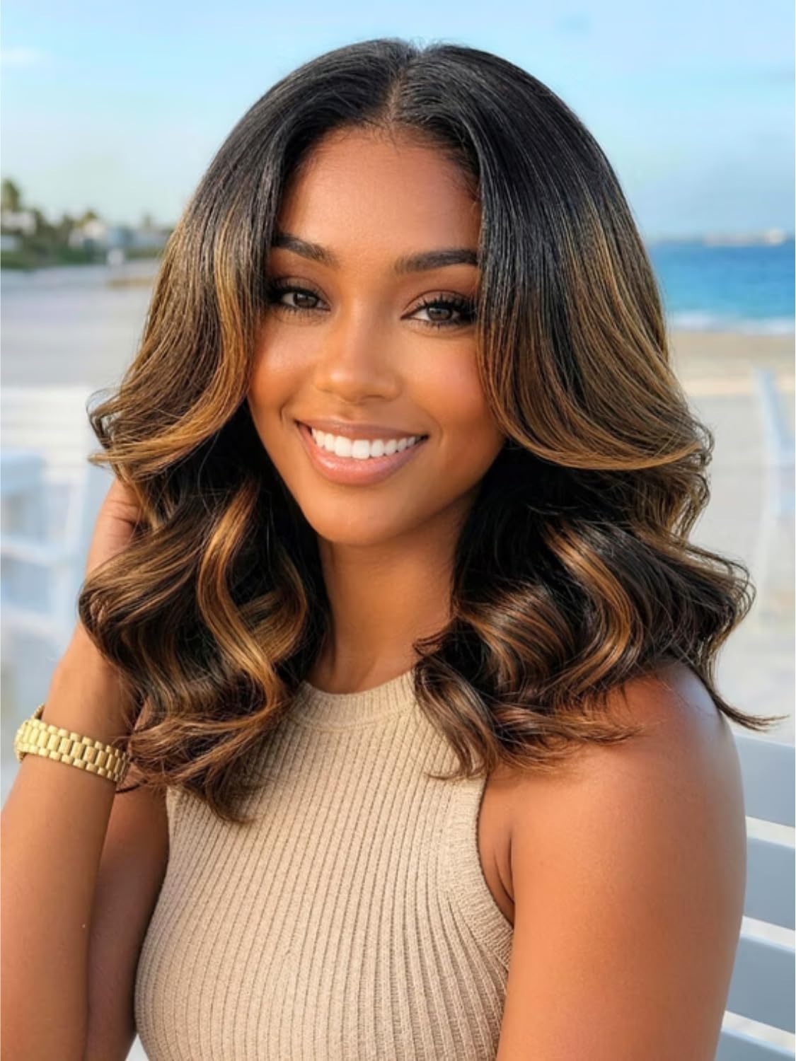 Nadula 13x4 HD Ombre Brown Wavy Bob Drawstring Wig Human Hair with Blonde Face Framing Layers Bangs,Pre Everything Glueless No Slip Wig Pre Plucked Ready to Wear Short Highlight Wavy Bob Wig 10inch