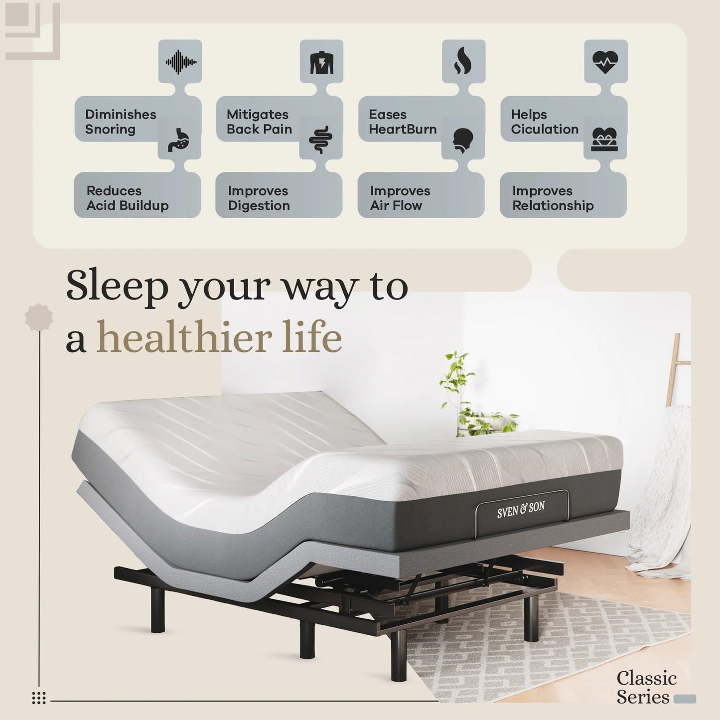 Sven & Son Classic Adjustable Bed Base, Head and Foot Lift, Massage, Under-Bed Lights, USB, Gel Memory, Zero Gravity Smart Frame - Full + 10 inch Memory Foam Matt (Firm)