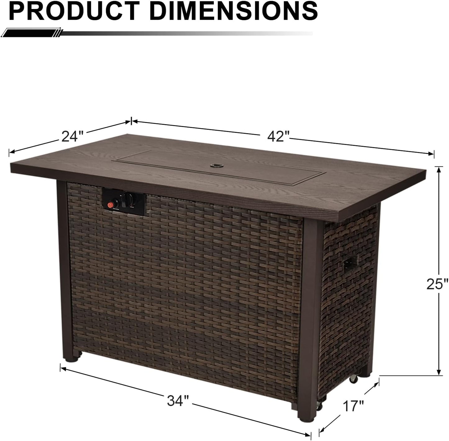Fire Pit Table, 50,000 BTU Propane Fire Pit Tables for Outside Patio, Brown | 42 Inch Rectangular Fire Pit Table, 2-IN-1 Fire Table with Removable Lid and Blue Glass Stones, CSA Certification