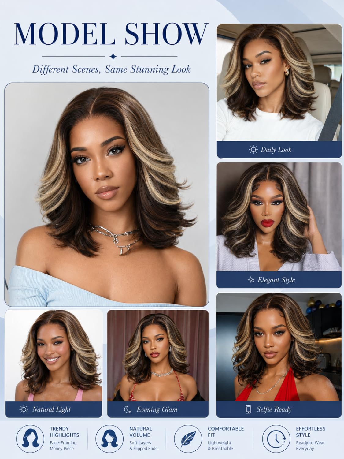 Nadula 13x4 HD Ombre Brown Wavy Bob Drawstring Wig Human Hair with Blonde Face Framing Layers Bangs,Pre Everything Glueless No Slip Wig Pre Plucked Ready to Wear Short Highlight Wavy Bob Wig 10inch