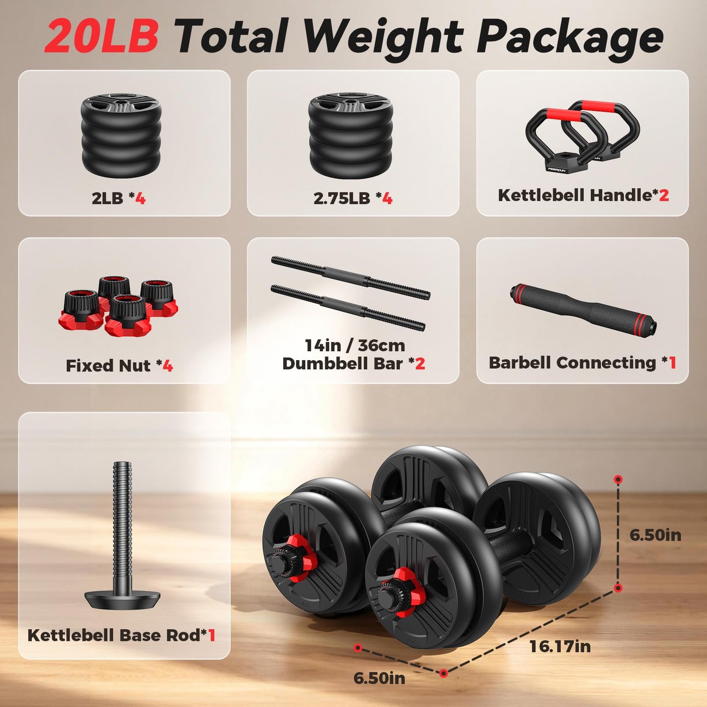 FITPLAM Adjustable dumbbell set,20/35/45/55/70/90lbs Free Weights set with upgraded nut, 5 in 1 Weight Set Used as Kettlebells, Barbell, Push up Stand, Fitness Exercise for Home Gym Suitable Men/Women