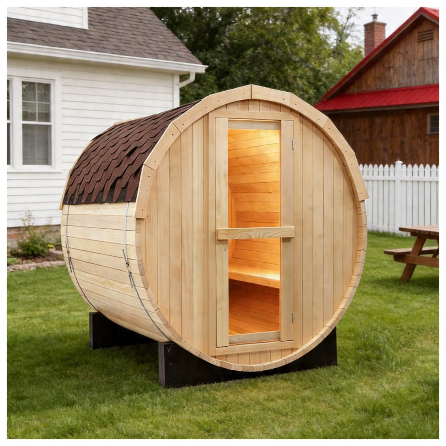 Outdoor Barrel Steam Sauna, 6-8 Person Canadian Hemlock Traditional Wooden Steam Saunas with 220V/6KW Toule Electric Stove, Tempered Glass Sauna Kits for Backyard & Garden (0-195℉)