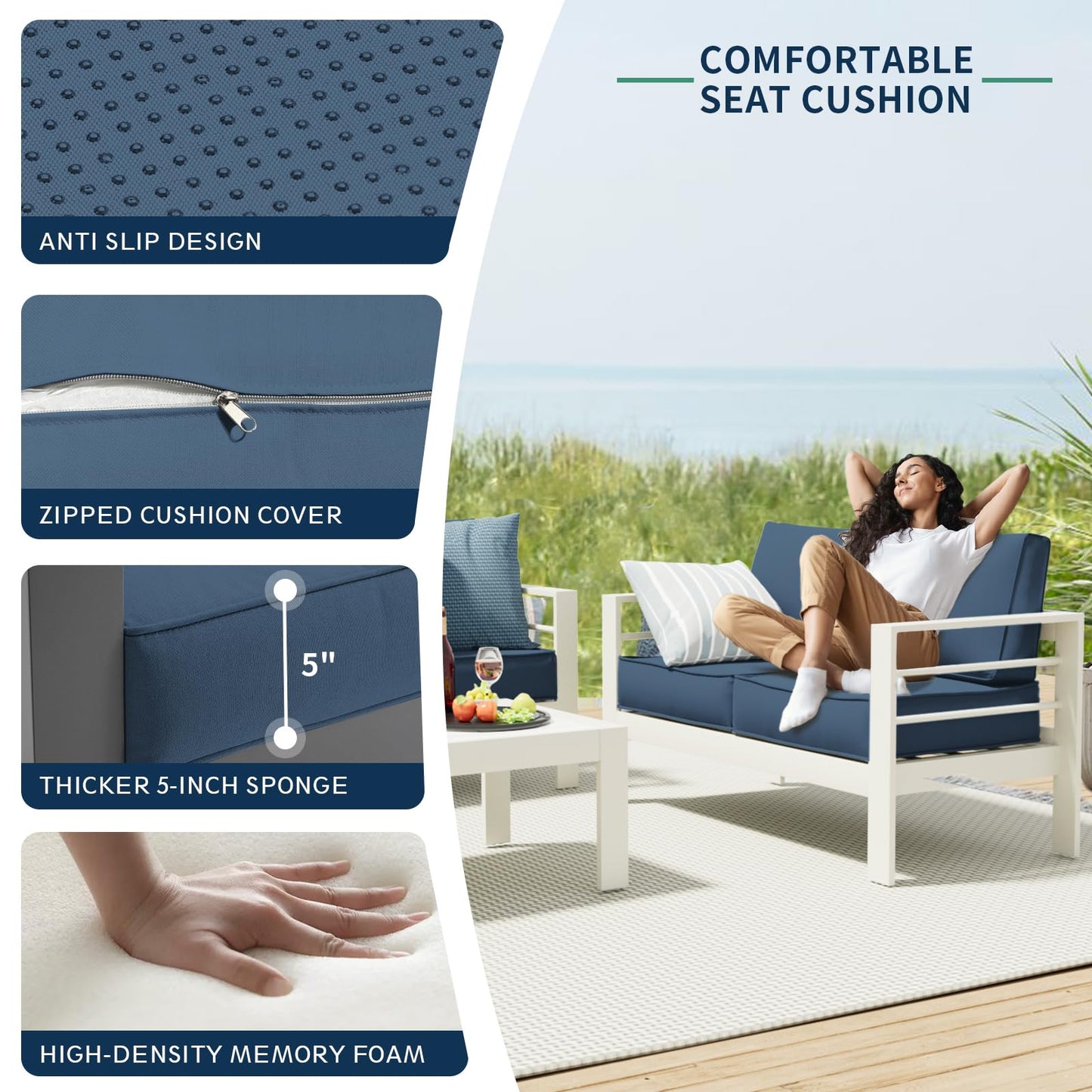 Amopatio Aluminum Patio Furniture Set, 6 Pieces Modern Outdoor Furniture | Outdoor Sectional with Coffee Table, Included Waterproof Covers, for Balcony, Garden, White&Blue