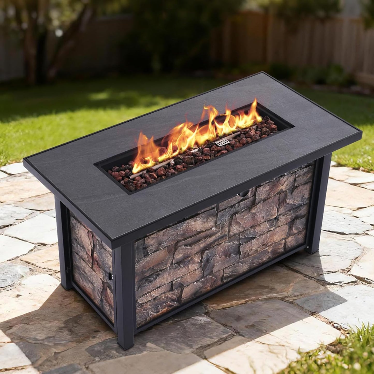 48" Fire Pit Table, 50000 BTU, Ceramic Top, Propane with Lava Rocks & Cover | Rectangular Propane Fire Table,Stone-look Panel, Ideal for Family Parties, Daily Leisure, Patio Backyard Deck Garden Use