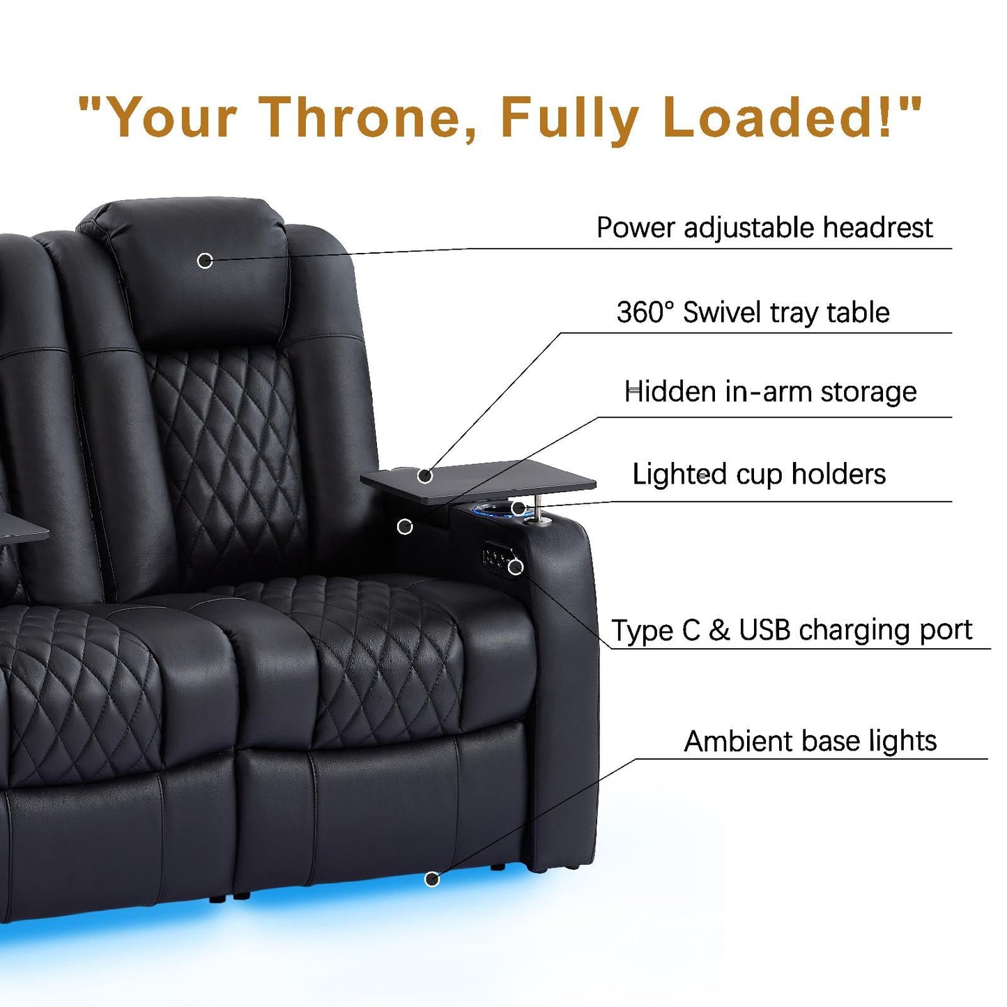 comfiroom Top-Grain Leather Home Theater Seating, Dual-Motor Power Recliner | Classic Series Black Zero Gravity Motorized Theater Chair with USB-C Charging, Adjustable Headrest, Tray Table, Row of 1