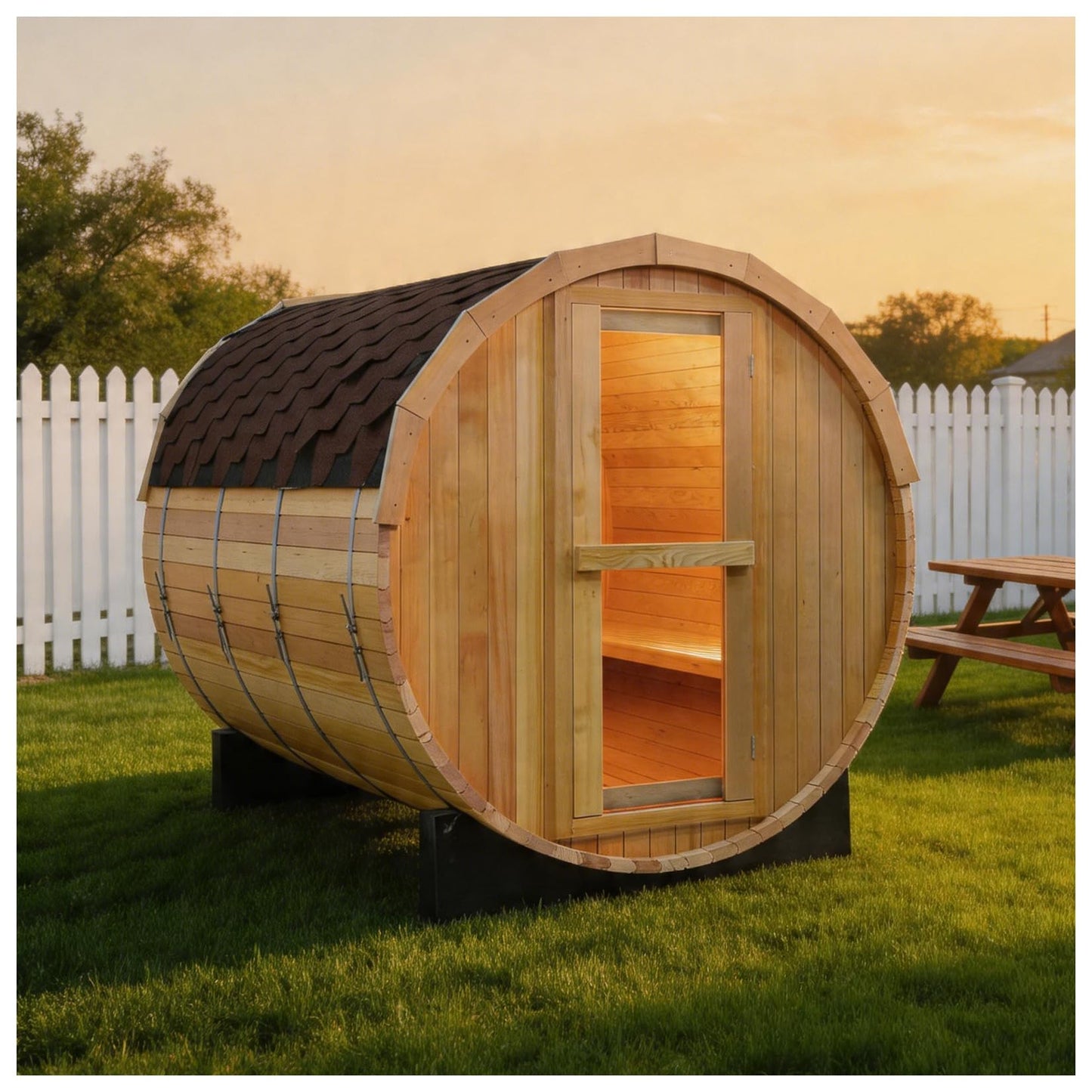 Outdoor Barrel Steam Sauna, 6-8 Person Canadian Hemlock Traditional Wooden Steam Saunas with 220V/6KW Toule Electric Stove, Tempered Glass Sauna Kits for Backyard & Garden (0-195℉)