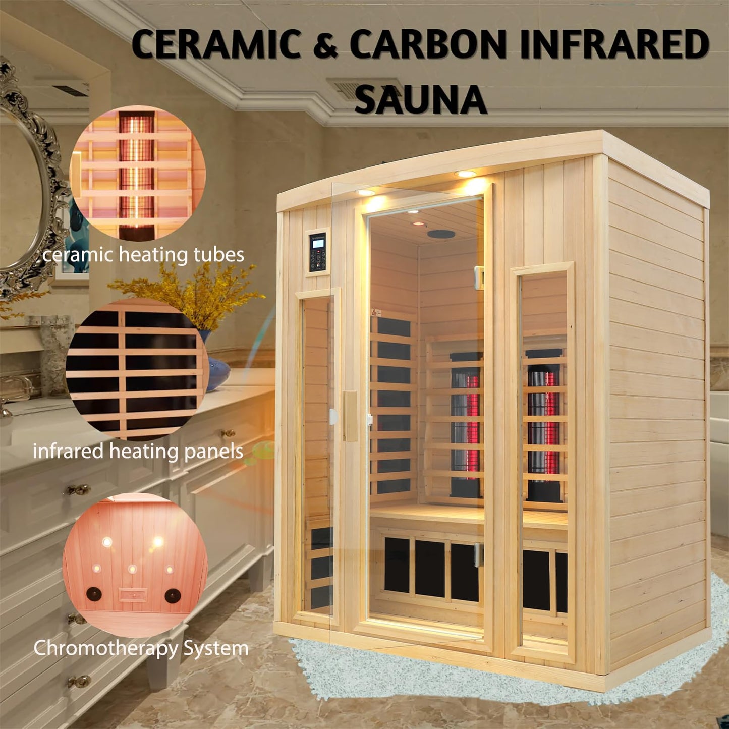 3 Person Infrared Sauna Ceramic Infrared Sauna w/Red Light Therapy | Far & Near Infrared Sauna Indoor, Low EMF Infrared Saunas for Home, Hemlock Deluxe Glass Home Sauna with Granite Backdrop