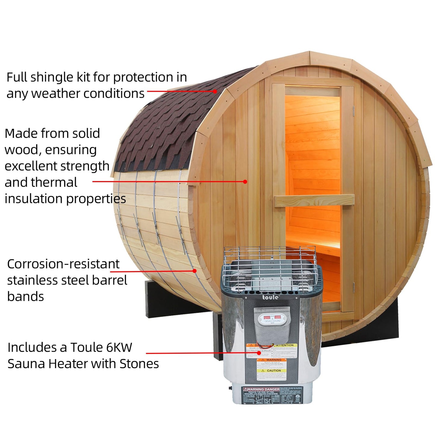 Outdoor Barrel Steam Sauna, 6-8 Person Canadian Hemlock Traditional Wooden Steam Saunas with 220V/6KW Toule Electric Stove, Tempered Glass Sauna Kits for Backyard & Garden (0-195℉)