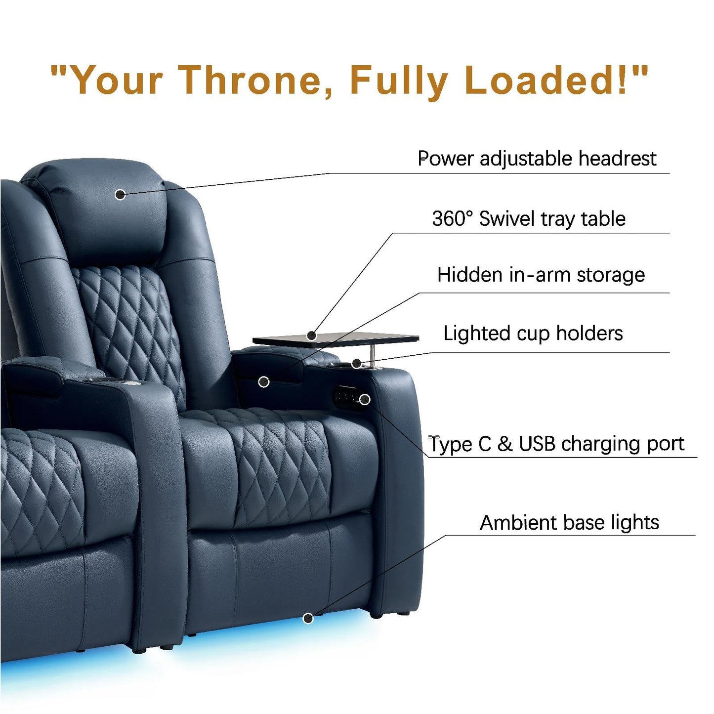 comfiroom Top-Grain Leather Home Theater Seating, Dual-Motor Power Recliner | Classic Series Black Zero Gravity Motorized Theater Chair with USB-C Charging, Adjustable Headrest, Tray Table, Row of 1