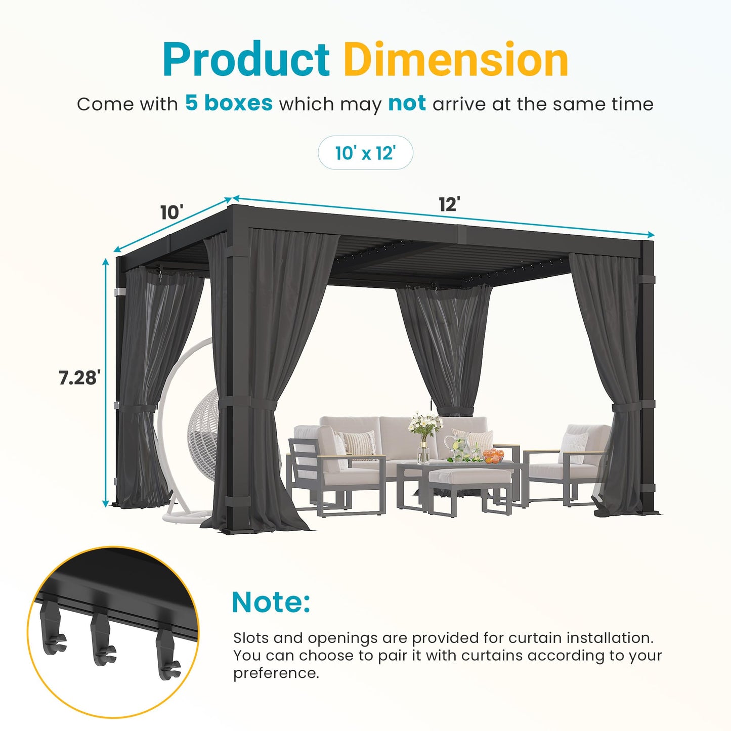 12' x 16' Pergola with Curtain & Adjustable Roof & Aluminum Frame for Patio | Louvered Pergola, Patio Pergola with Netting & Gutter System, Outdoor Pergola, Hardtop Gazebo for Deck, Yard, Dark Gray