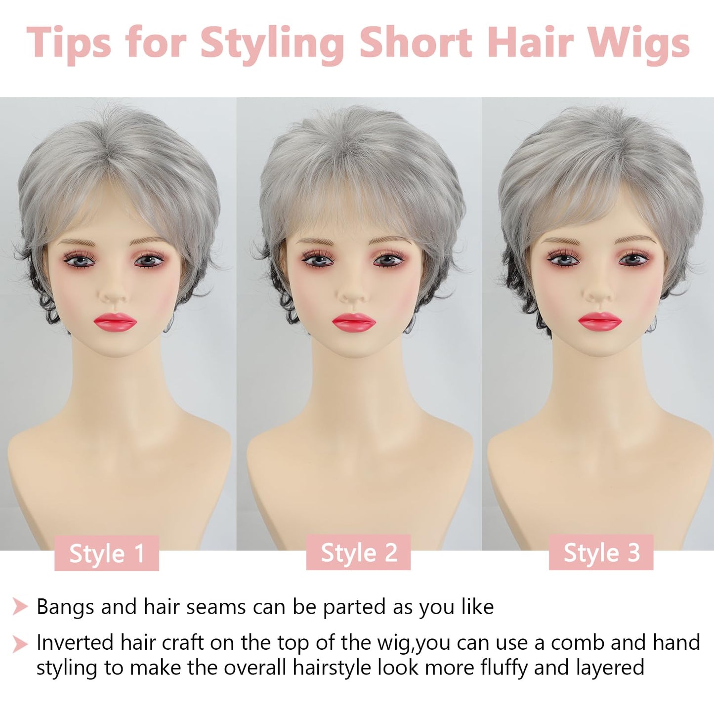TISHINING Short Grey Curly Wigs for White Women Layered Silver Gray Pixie Cut Synthetic Full Wig with Bangs Natural Looking Daily Party Wigs for Older Women