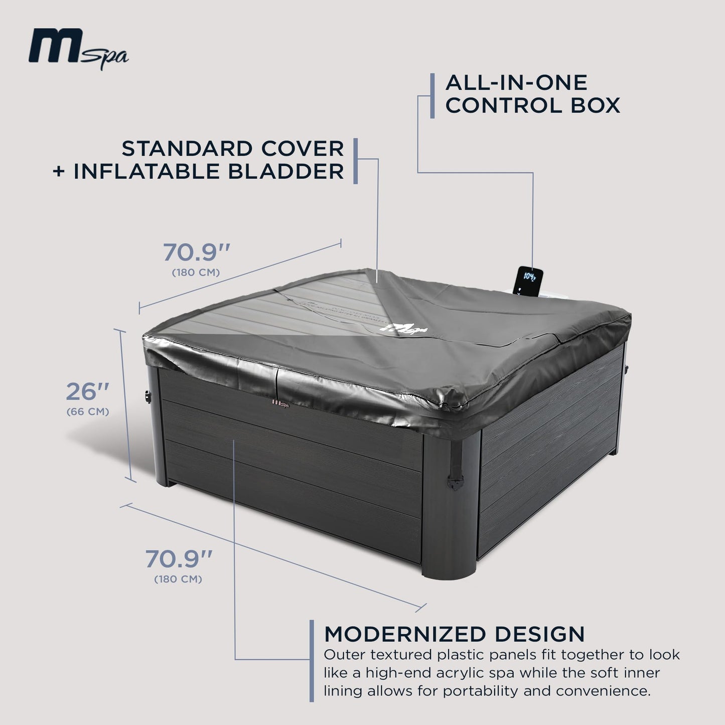 MSpa Square Hydro Jets Bubble Spa with Hard Exterior & Soft Lining Interior | 4 to 6 Person Hot Tub with 2 Covers (1 Standard and 1 Energy-Efficient Cover), Oslo