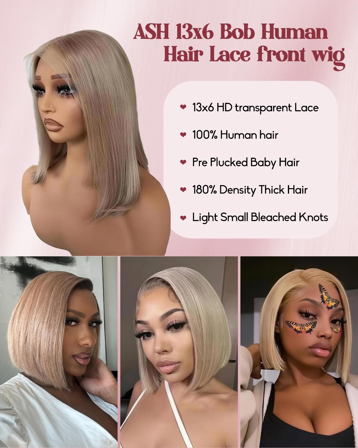 Alididi Ash Blonde Bob Wig Human Hair 13x6 Hd Lace Frontal Short Straight Lace Front Bob Wigs For Women Human Hair Pre Plucked 180% Density 10 Inch