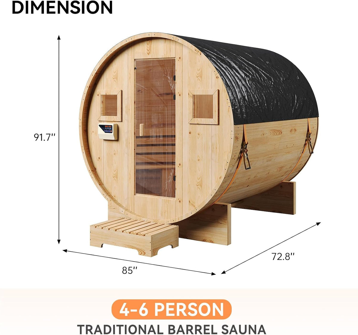 Outdoor Barrel Sauna, 4-6 Person Tradition Wood Dry＆Steam Sauna with Sauna Stone, 220V/6KW Electric Heater with Sauna Stone, Sauna Accessories, Waterproof Tarpaulin