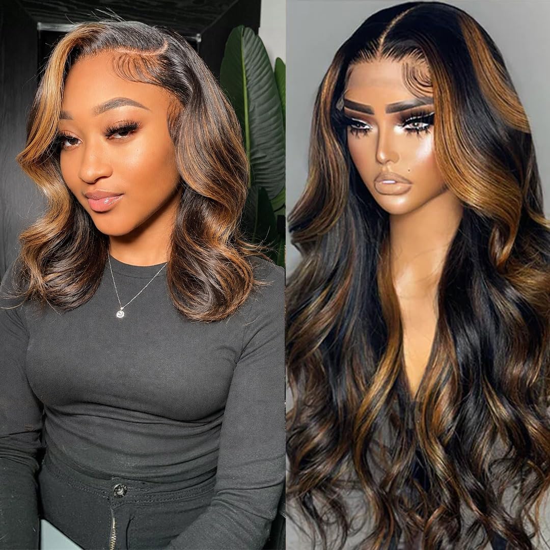 miear 360 Drawstring Lace Front Wigs Human Hair 4/27 Highlight Ombre Wig | 360 HD Full Lace Frontal Wig Body Wave Lace Front Wig Pre Plucked for Black Women 180% Density Honey Blonde Color 28inch