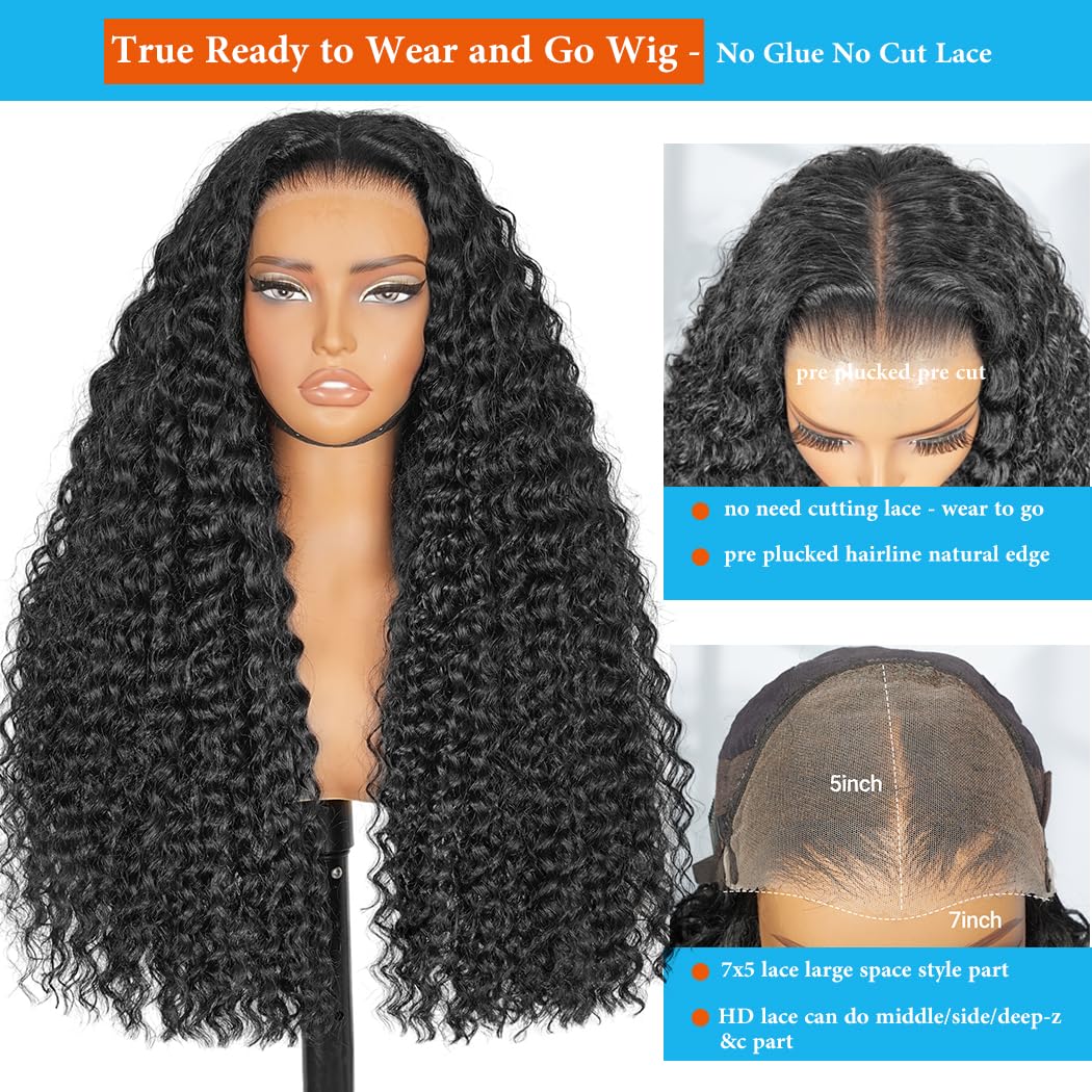 7X5 Deep Wave Wear And Go Glueless Wigs Human Hair Pre Plucked Pre Cut Hd Lace 210 Density Deep Wave Lace Front Wigs Human Hair 26 Inch Drawstring Curly Human Hair Wig For Women Beginner Friendly
