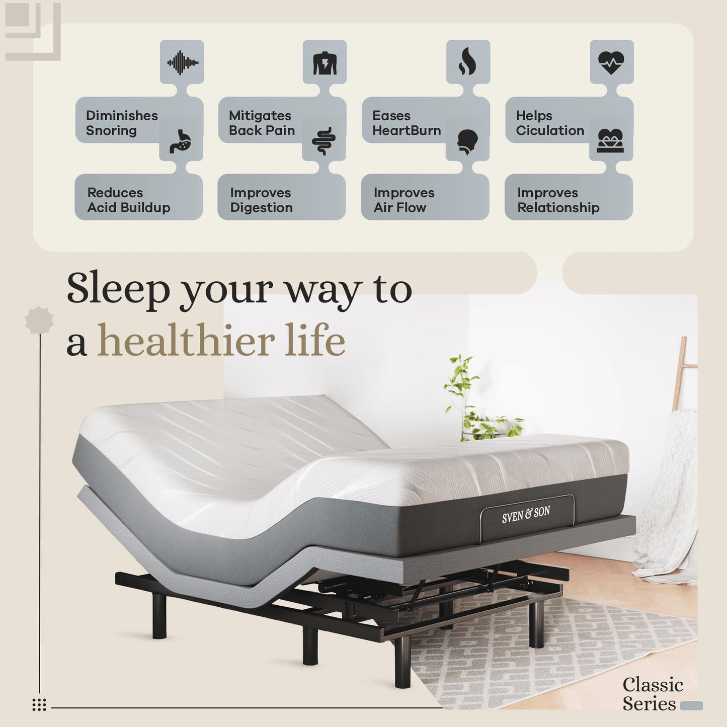 Sven & Son Classic Adjustable Bed Base, Head and Foot Lift, Massage, Under-Bed Lights, USB, Gel Memory, Zero Gravity Smart Frame - Full + 10 inch Memory Foam Matt (Firm)
