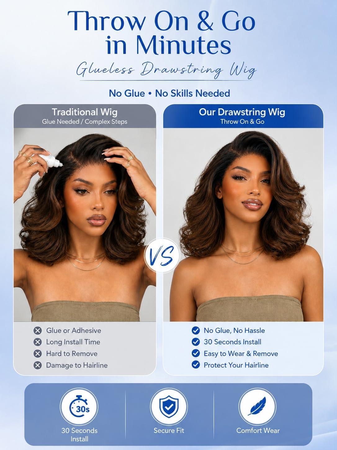 Nadula 13x4 HD Ombre Brown Wavy Bob Drawstring Wig Human Hair with Blonde Face Framing Layers Bangs,Pre Everything Glueless No Slip Wig Pre Plucked Ready to Wear Short Highlight Wavy Bob Wig 10inch